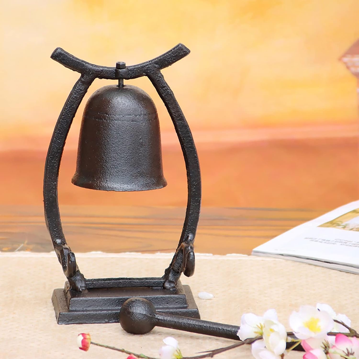 ZXHStore Outdoor Dinner Bells with Mallet, Tabletop Hand Bell on Stand, Made of Cast Iron, Indoor Outdoor Desktop Decoration (Color : Black, Size : 6.7' x 3.1' x 8.9')