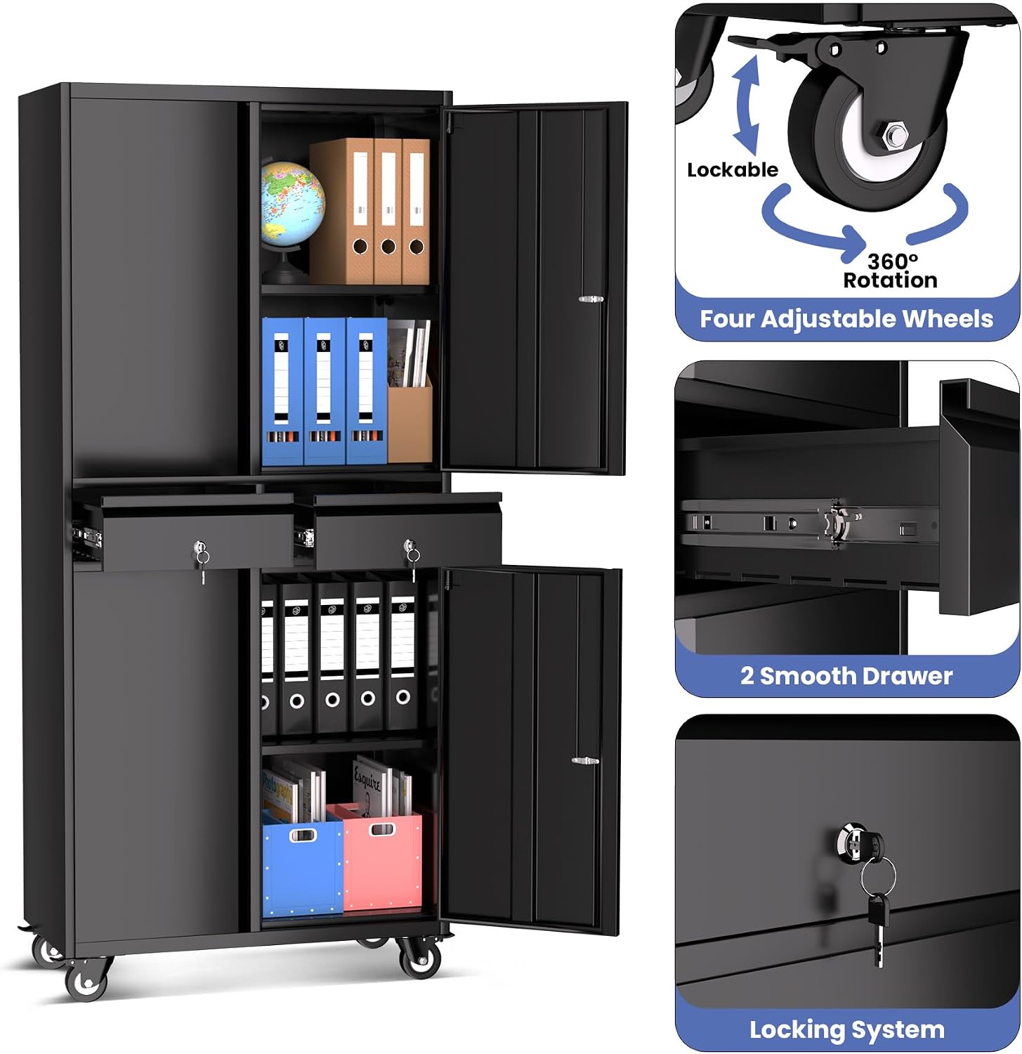 IDEALHOUSE Garage Storage Cabinet, 73 Inch Metal with Locking Doors and Adjustable Shelves, Heavy Duty Tool Cabinet with 2 Drawers