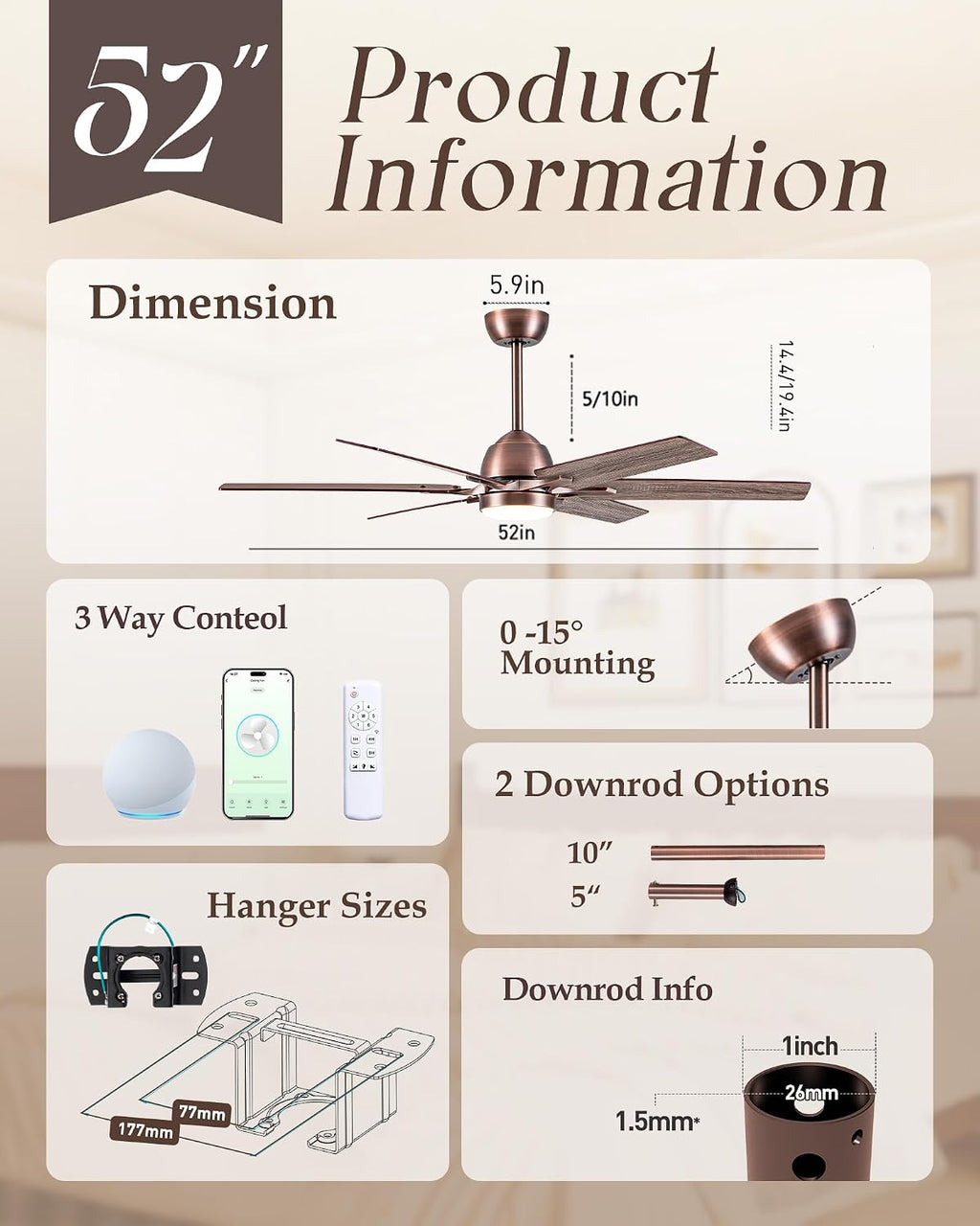 Minislak 52' Oil Rubbed Bronze Smart Ceiling Fan with Light via WiFi Alexa,6-Speeds Quiet DC Motor,Dimmable,Outdoor Antique Bronze Large Ceiling Fan for Living Room,Bedroom,Dual Finish 6 Blades