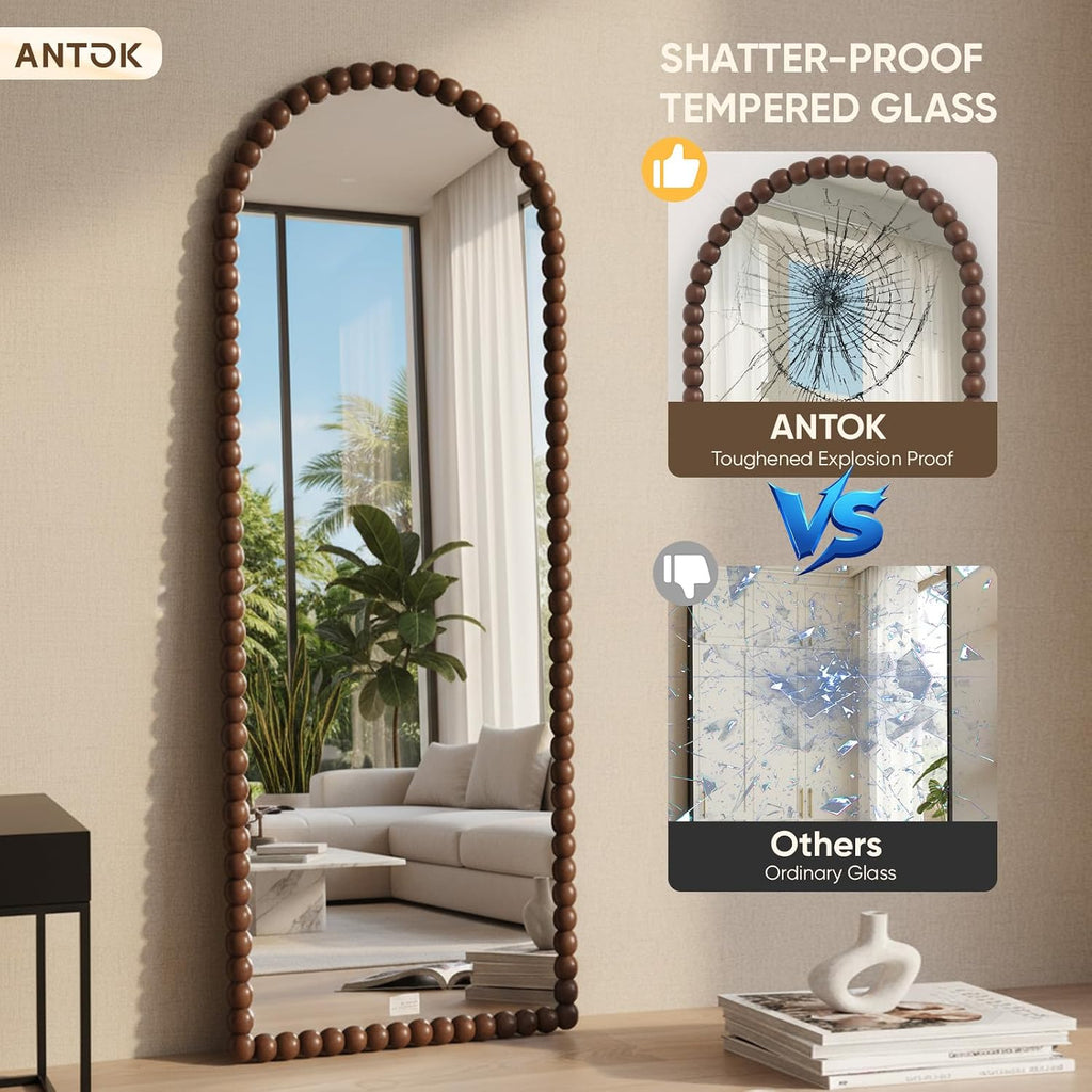 Antok 58' x 21' Arched Full Length Mirror, Antique Beaded Frame Floor Standing or Wall Mounted Mirror with Stand for Bedroom, Entryway, Brown, Luxury Style