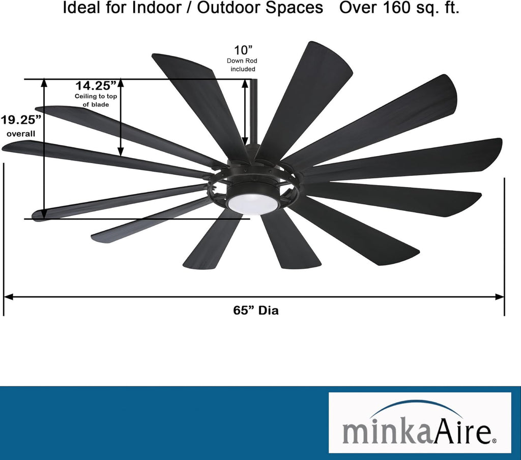 MINKA-AIRE F870L-TCL Windmolen 65 Inch Outdoor Ceiling Fan with LED Light and Remote Control, Textured Coal