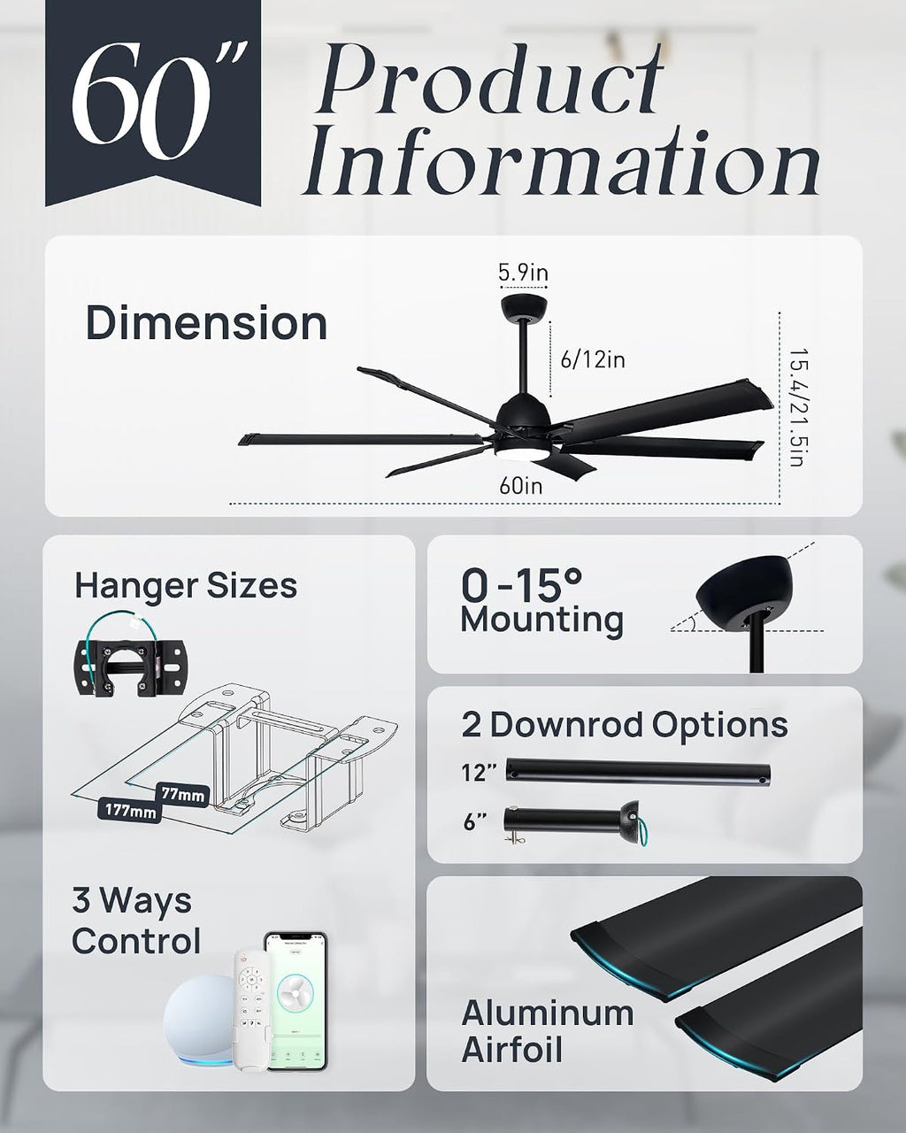 60 Inch Aluminum Blade Ceiling Fan with Light,Industrial Smart Fan Works with Alexa,Indoor Outdoor Metal Black Ceiling Fans for Patio Living room or Bedroom with 6 Speed Reversible DC Motor,3CCTS