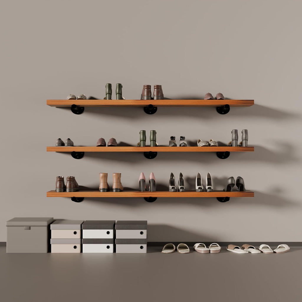 HDDFER Industrial Pipe Wall Wood Shelves,Real Wooden Shelves 48' in Special Brown Color with 1.2' Extra Thickness, Modern Floating Shevles Bookshelf Shelving Units for Rustic Farmhouse Decor