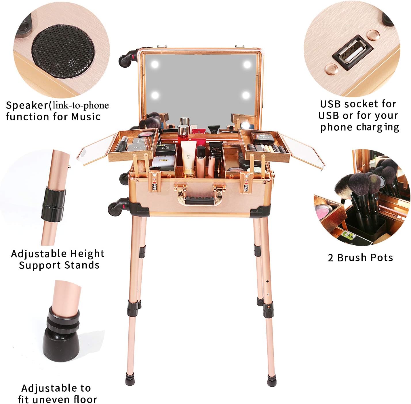 Medium Makeup Train Case with Code Lock, Lighted Mirror, Speaker Travel Cosmetic Organizer Box, Professional Artist Trolley Studio Free Standing Case