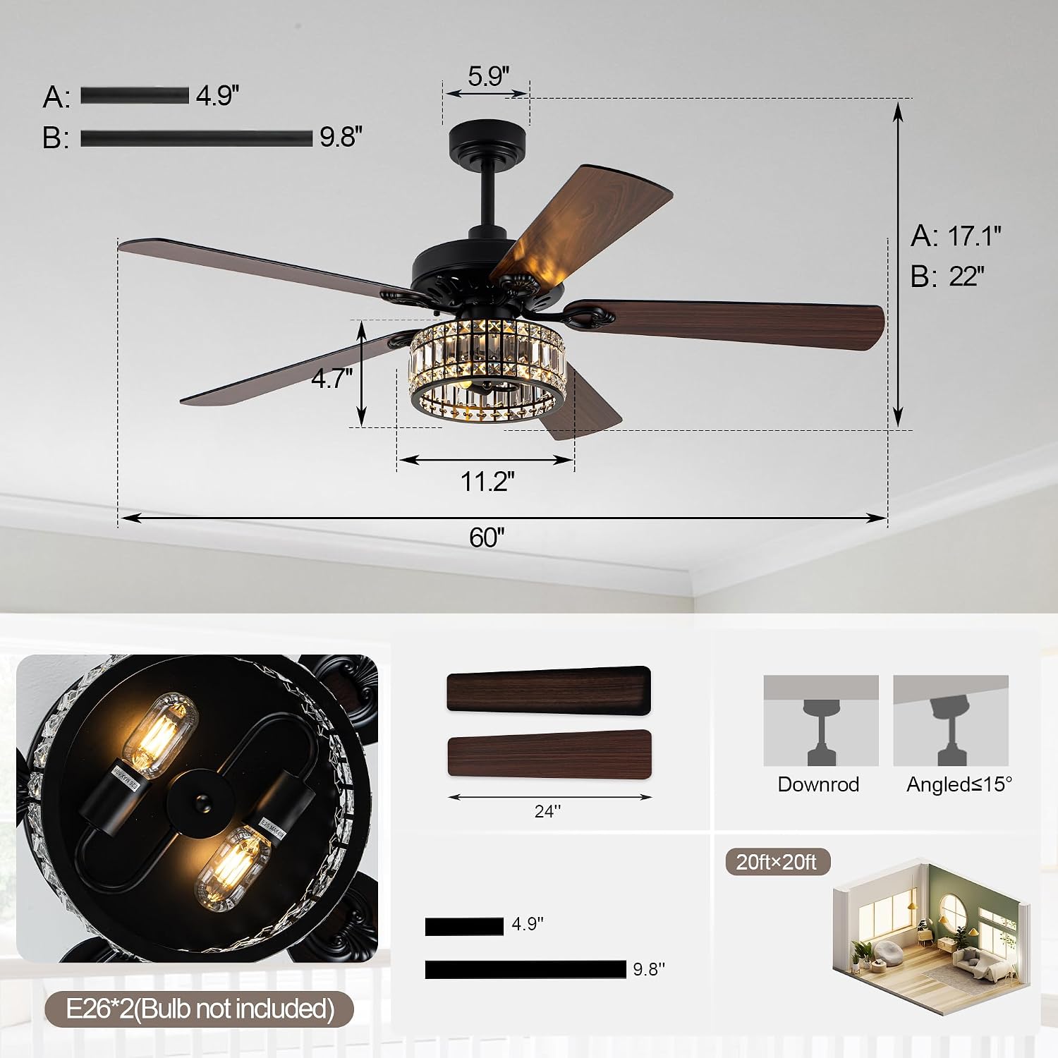 Bella Depot 60' Vintage Black Ceiling Fan with Light, Large Crystal Chandelier Fan Fandelier Fan with 6-Speeds, Quiet Reversible DC Motor, for Bedroom, Living Room