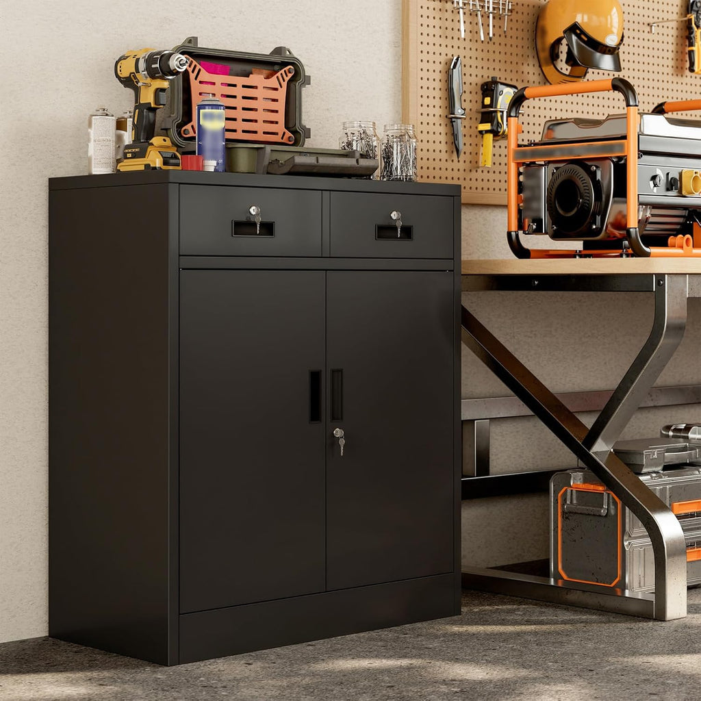 BESFUR Metal Garage Storage Cabinet with Two Lockable Drawers 2 Locking Doors and an Adjustable Shelf, 36' Black Metal Short Storage Cabinet for Home Office,Garage,School,Utility Room