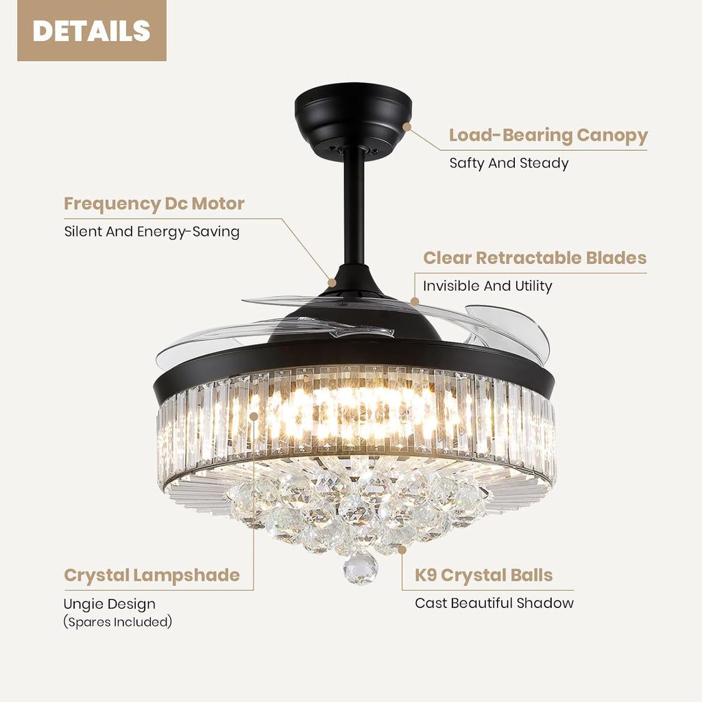 Fandelier Ceiling Fan with Light, 42'' Retractable Ceiling Fans,Crystal Chandelier Fan with LED Dimmable for Bedroom Living Room etc-Black