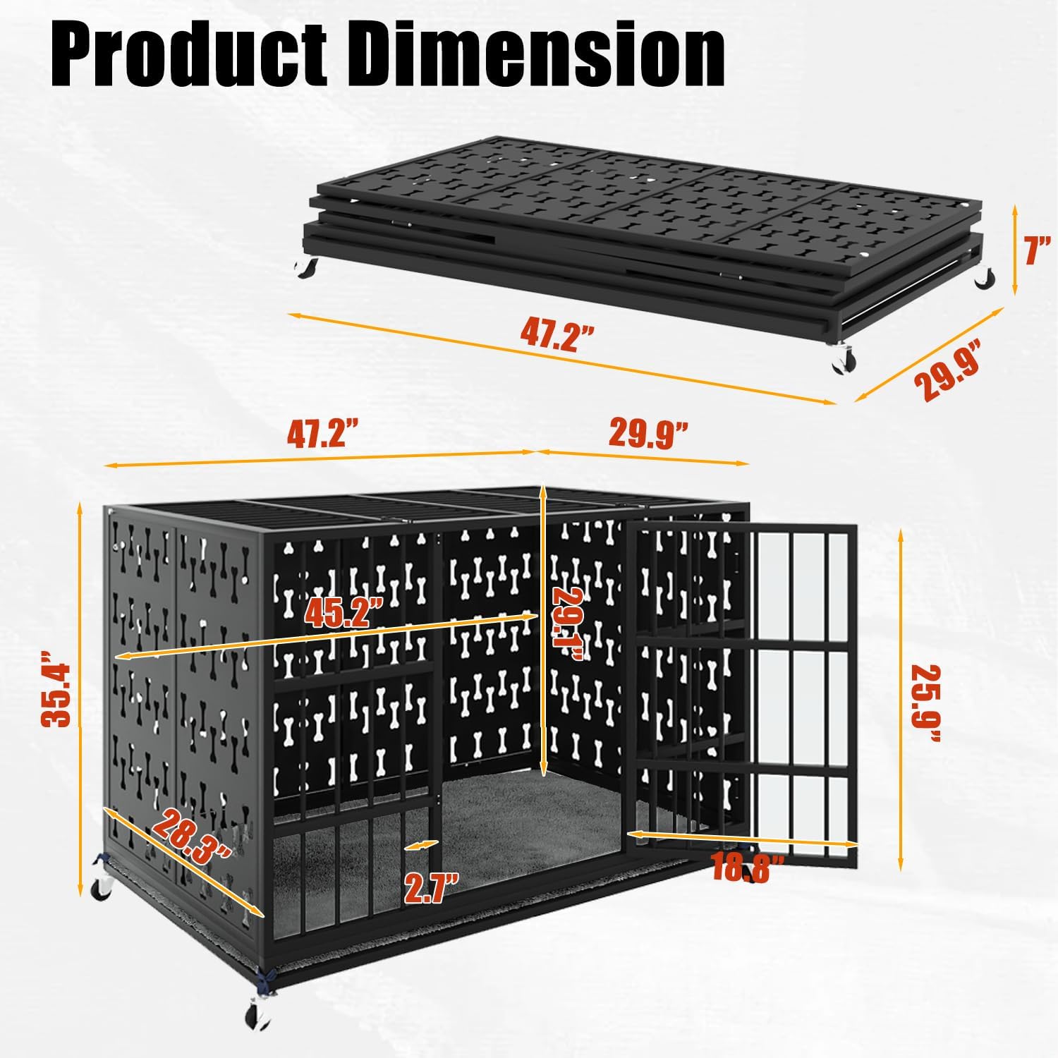 LEMBERI 48' Heavy Duty Indestructible Privacy Enclosed Dog Crate with Mat, 500lbs Capacity Escape Proof Dog Kennel, 36' Tall High Anxiety XL Metal Dog Cage with Lockable Wheels, Removable Tray, Black