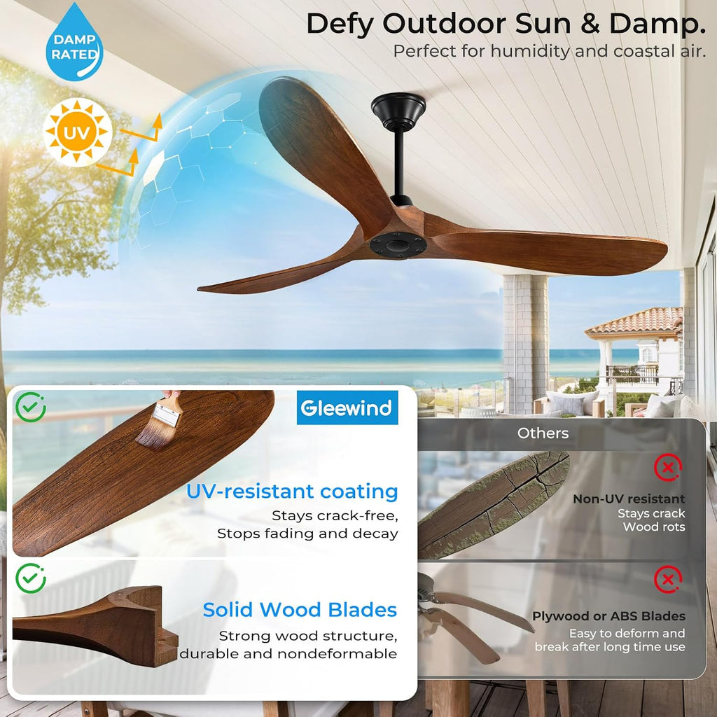 Outdoor Ceiling Fan No Light for Patios, 52 inch Ceiling Fans Without Lights with Smart App and Remote Control, Wet Rated 3 Blades Wood Propeller Modern Fan for Exterior Outside, High CFM, Walnut