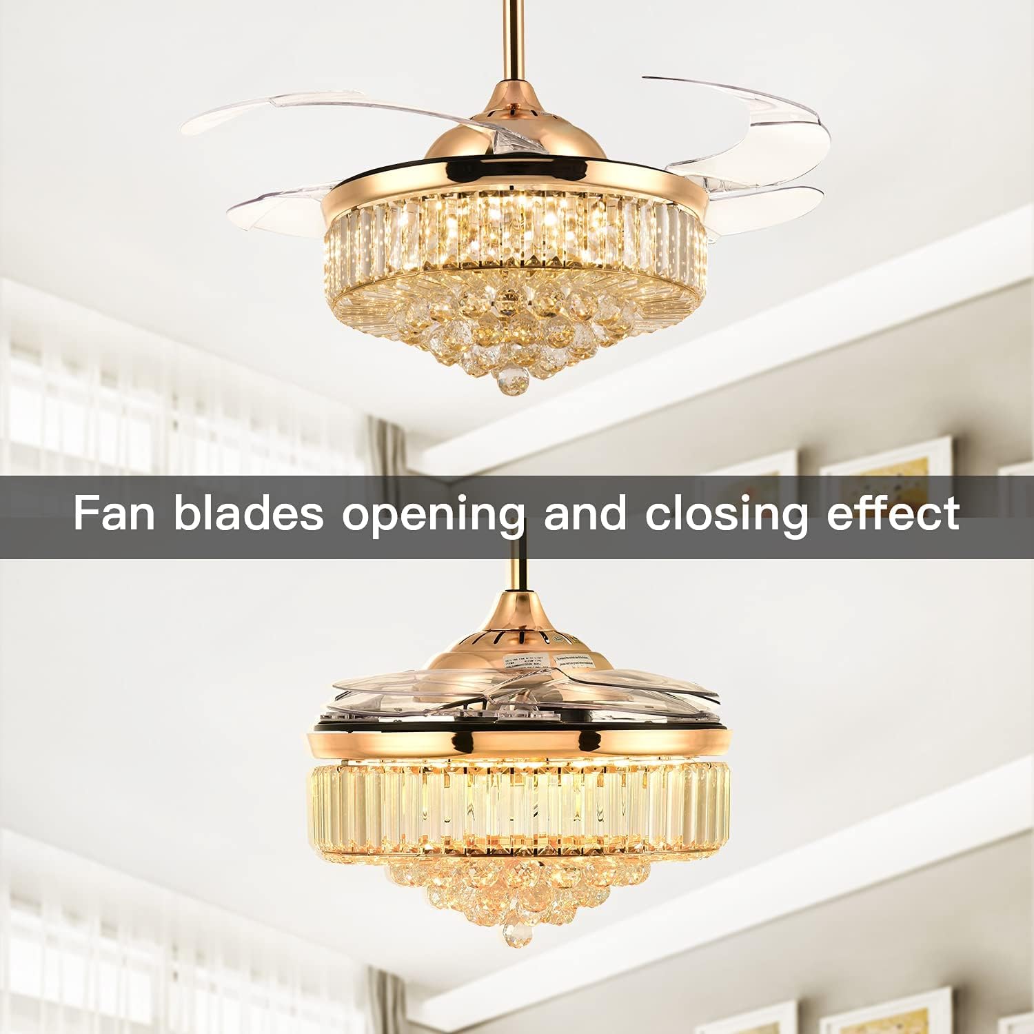 Modern Crystal Ceiling Fans with Lights and Remote Retractable Invisible Blades LED Dimmable Fandelier Gold Chandelier Ceiling Fan for Dining Room, Living Room, Bedroom 42 Inches