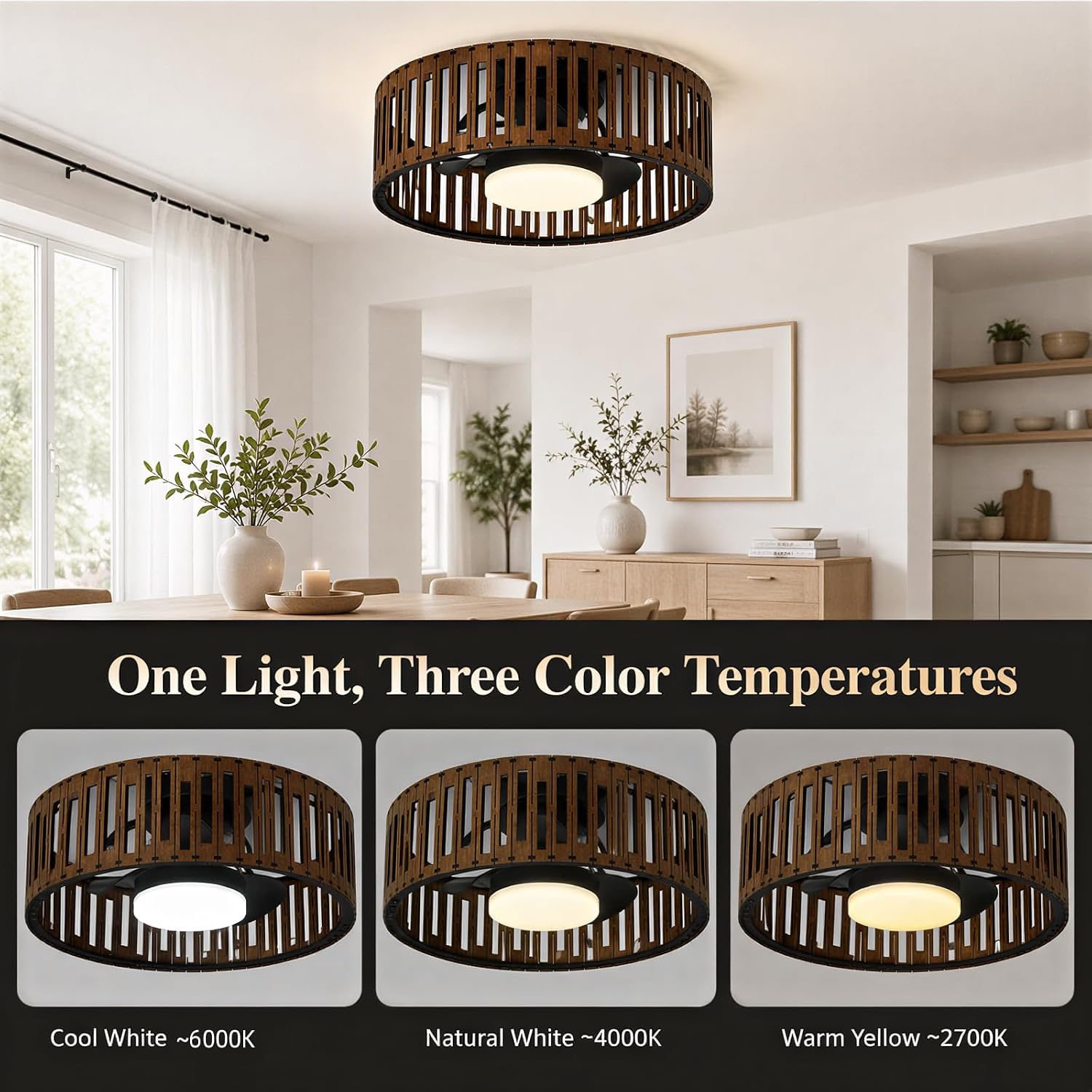 Ceiling Fans with Lights and Remote, 20'' Low Profile Flush Mount Ceiling Fan, 3000–6000K Dimmable LED Fandelier, Bladeless Wood Fan Light for Bedroom, Kitchen, Living Room, Diningroom，Foyer，Nursery