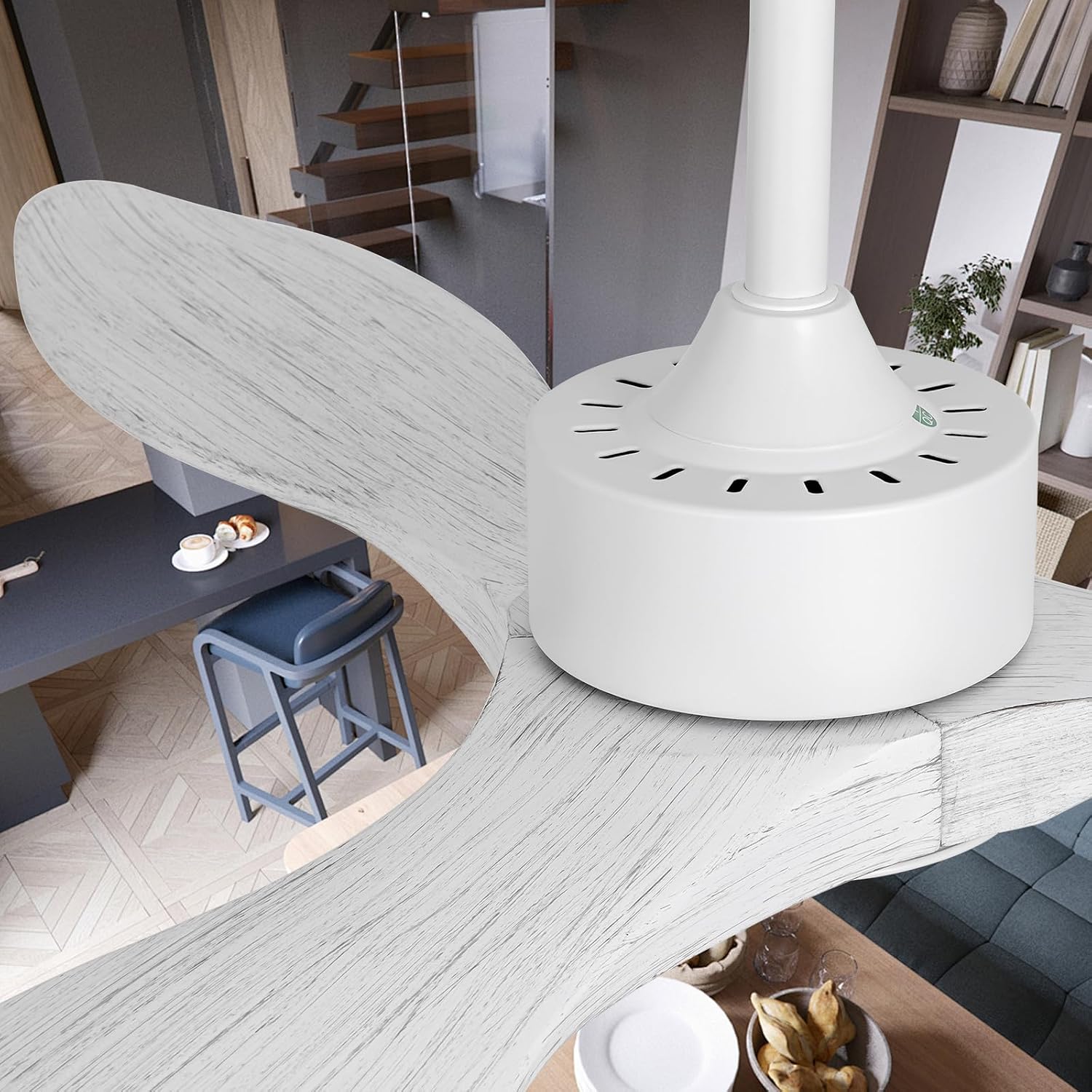 52 Inch White Ceiling Fan with Lights and Remote, Retro White Wood Low Profile Flush Mount Modern Ceiling Fan for Indoor Farmhouse Bedroom Living Room Outdoor Patio Porch, Reversible DC Motor