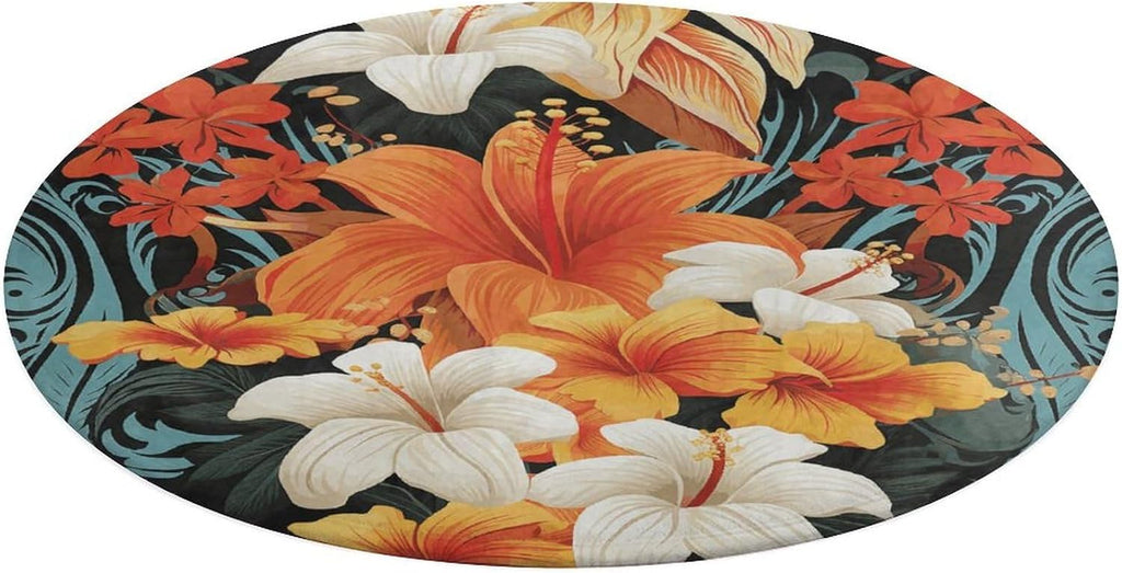 Flowers and Hawaiian Tribal Patterns on Black Background Coral Velvet Round Floor Mat Non-Slip Bath Rug Floor Covering for Bathroom Vanity Guest Suite & Vacation Home