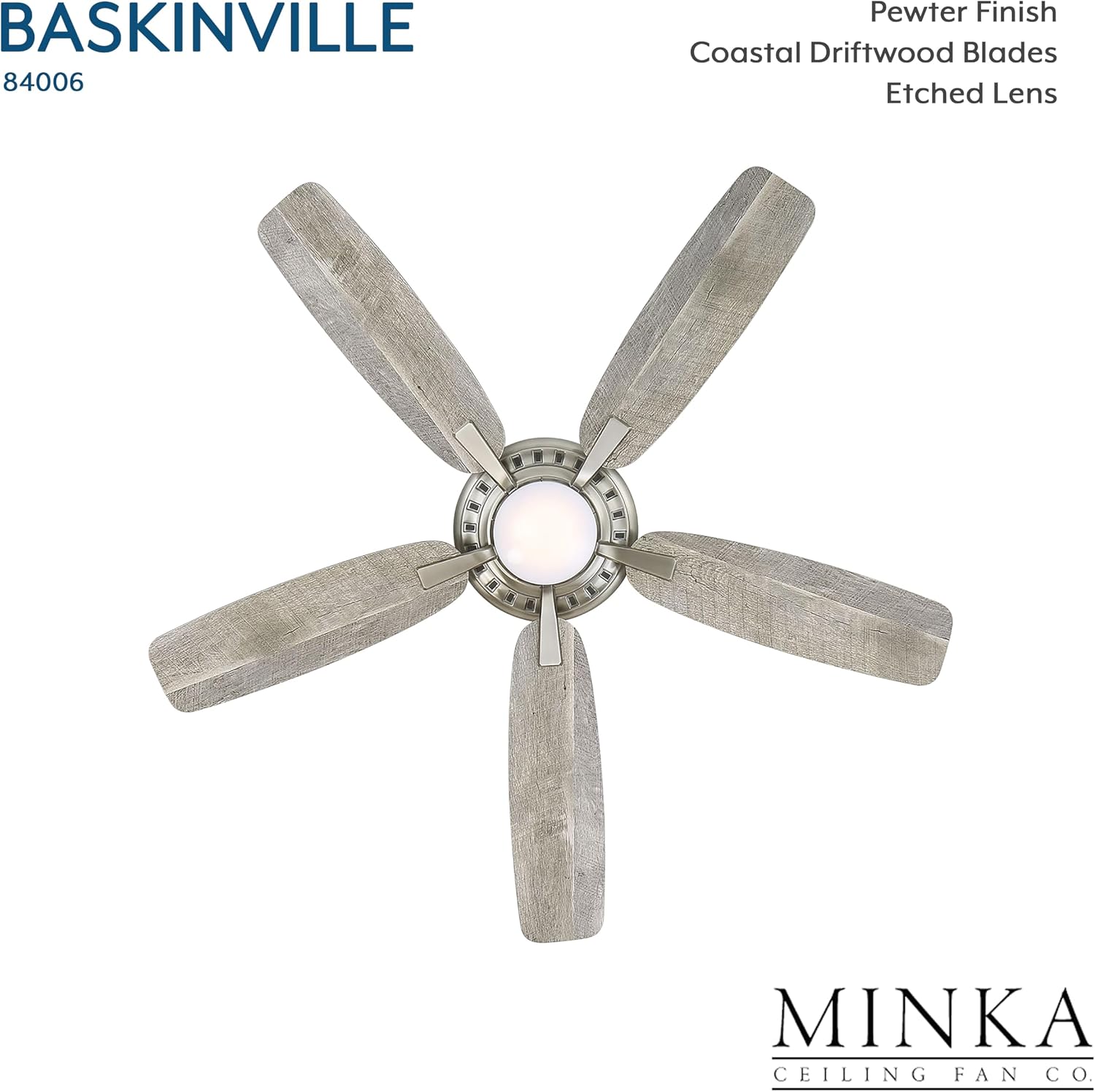 Baskinville 52-Inch Integrated LED Ceiling Fan with Light and Remote - Pewter with 5 Coastal Driftwood Blades by Minka Ceiling Fan Co.