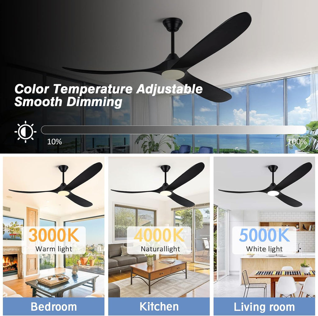 70 Inch Black Outdoor Ceiling Fan with Lights, Damp Rated for Patio Porch, High CFM Quiet DC Motor, 3 Solid Wood Propeller Blades, Modern Rustic Farmhouse Style, for Large Living Room Commercial Use