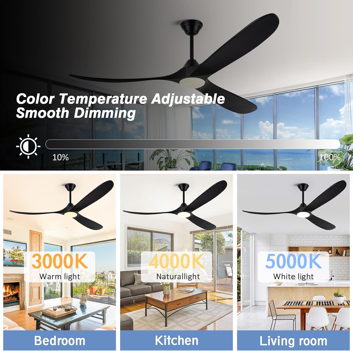 70 Inch Black Outdoor Ceiling Fan with Lights, Damp Rated for Patio Porch, High CFM Quiet DC Motor, 3 Solid Wood Propeller Blades, Modern Rustic Farmhouse Style, for Large Living Room Commercial Use