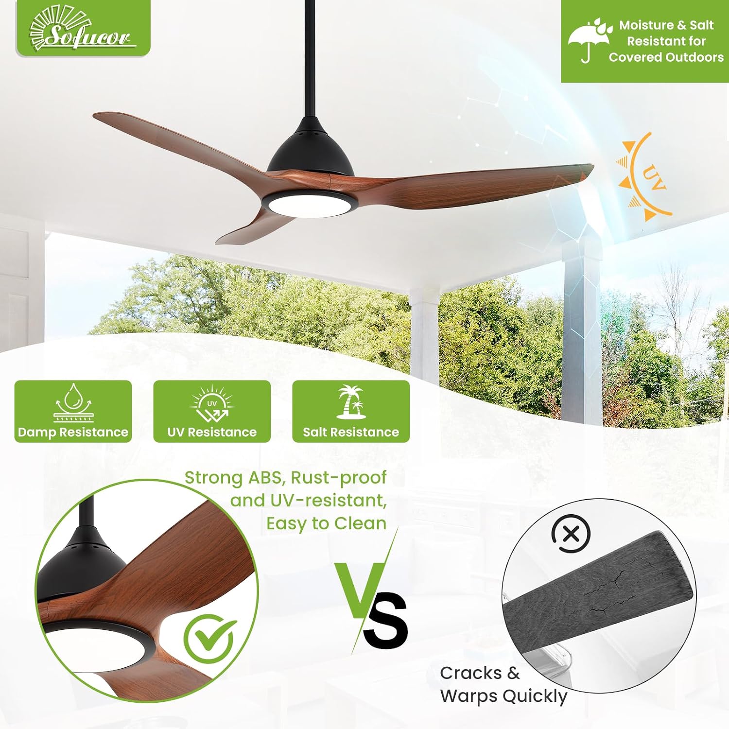 Sofucor 52 Inch Smart Ceiling Fan with Light, Modern Ceiling Fan with 3 Plastic Blade, Quiet, Dimmable, Compatible with Alexa/Google/App, 6 Speeds 7000CFM, Timer Quiet Reversible DC Motor, ETL, Brown