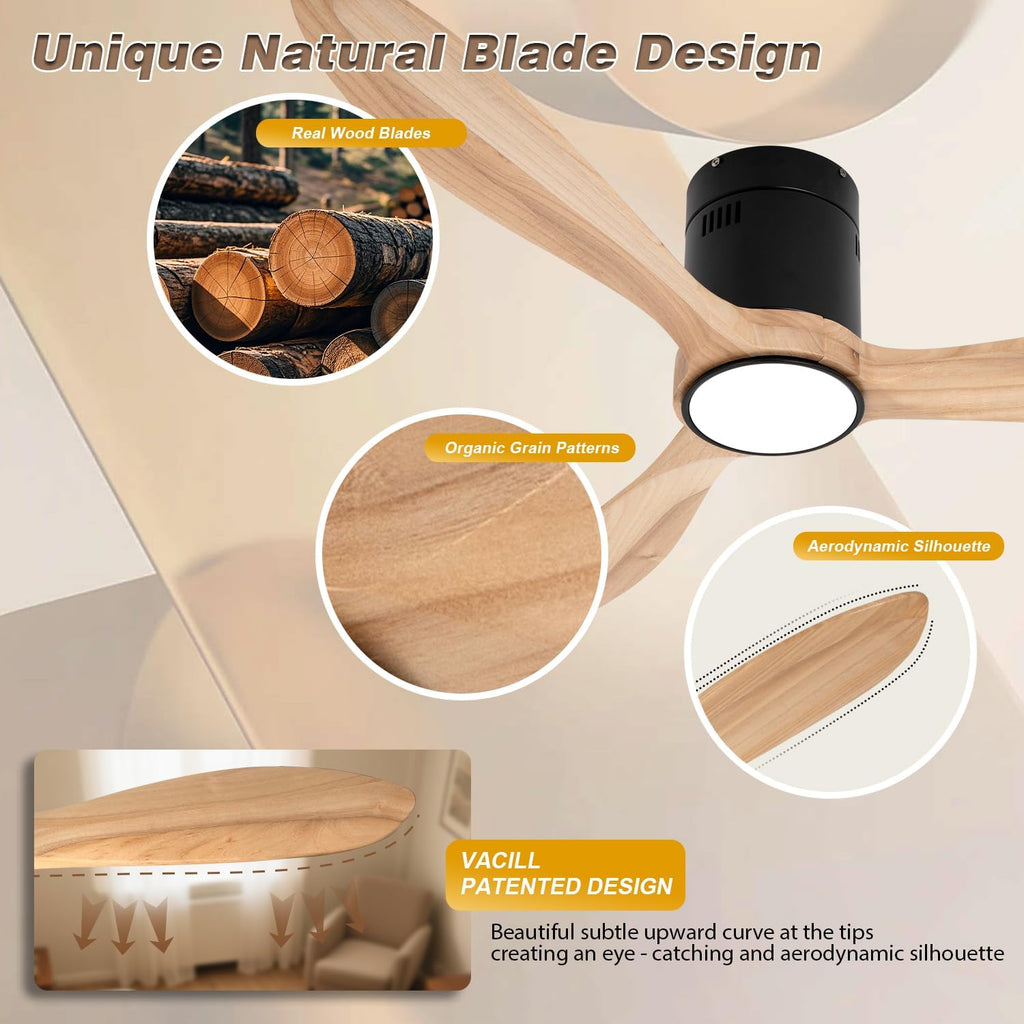 VACILL Flush Mount Ceiling Fan with Light,Low Profile Ceiling Fan,Natural Wooden Fan Blades,6 Speed,LED Dimmable,DC Motor,52 inch,Natural Wood Blade