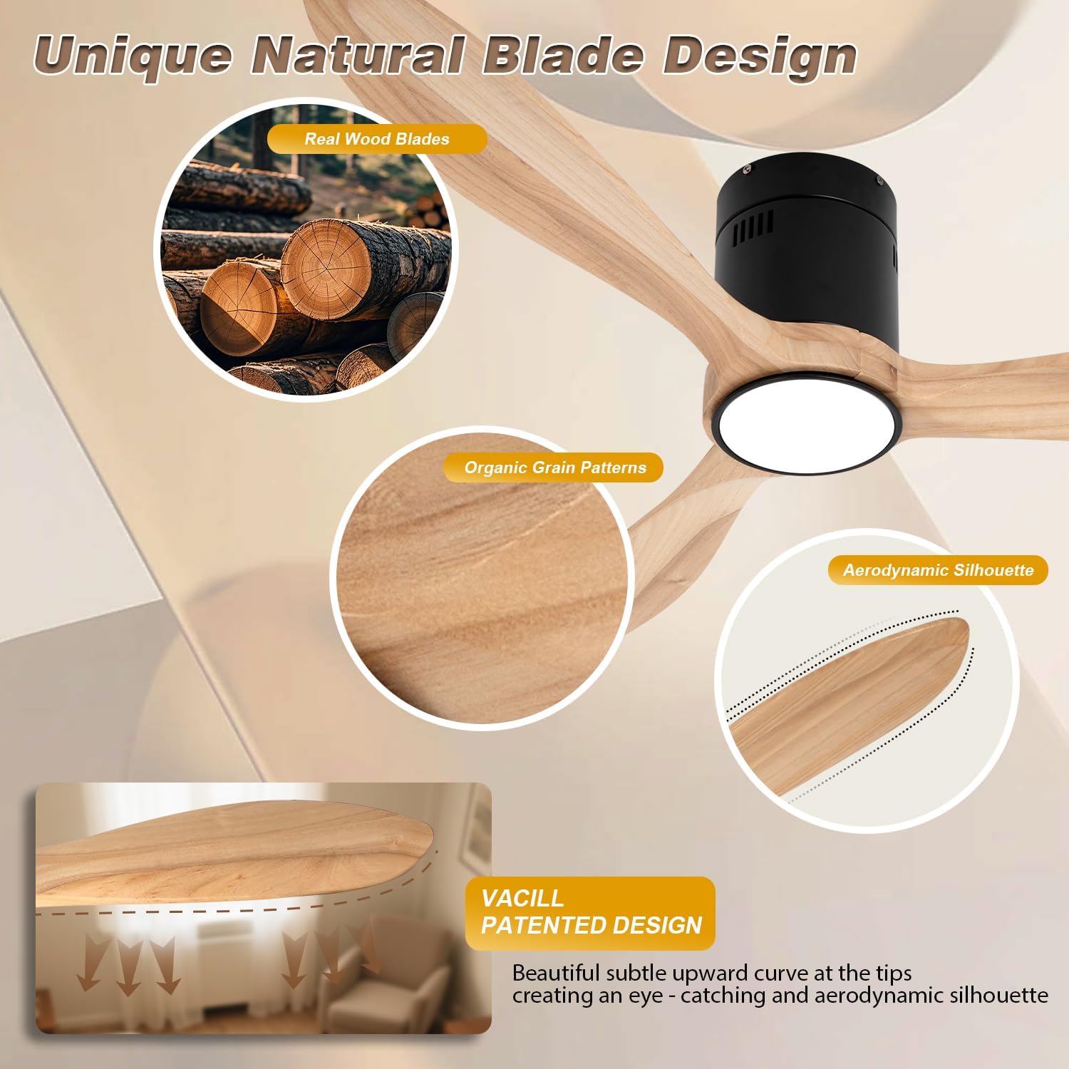 VACILL Flush Mount Ceiling Fan with Light,Low Profile Ceiling Fan,Natural Wooden Fan Blades,6 Speed,LED Dimmable,DC Motor,52 inch,Natural Wood Blade