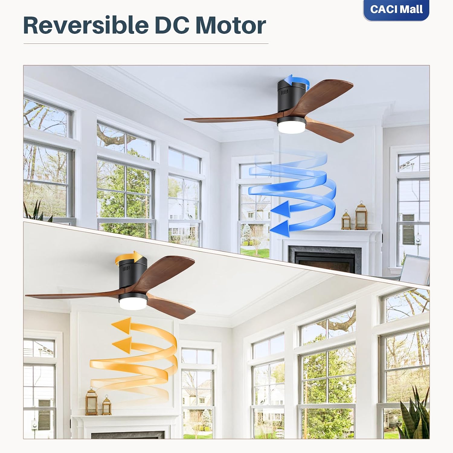 CACI Mall 52 Inch Wood Flush Mount Ceiling Fan with Lights, 3 Blades, Low Profile, Modern, 3CCT, Dimmable, Noiseless, Remote Contral, Outdoor Indoor Ceiling Fans for Bedroom/Farmhouse/Patio