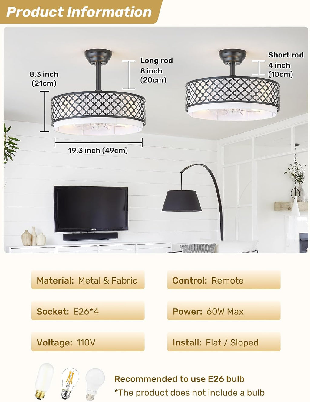 20' Black Fandelier Ceiling Fan with Lights, Rustic Farmhouse Caged Ceiling Fan with Light Remote Control, Rattan with 6 Speeds for Bedroom, Nursery, Living Room
