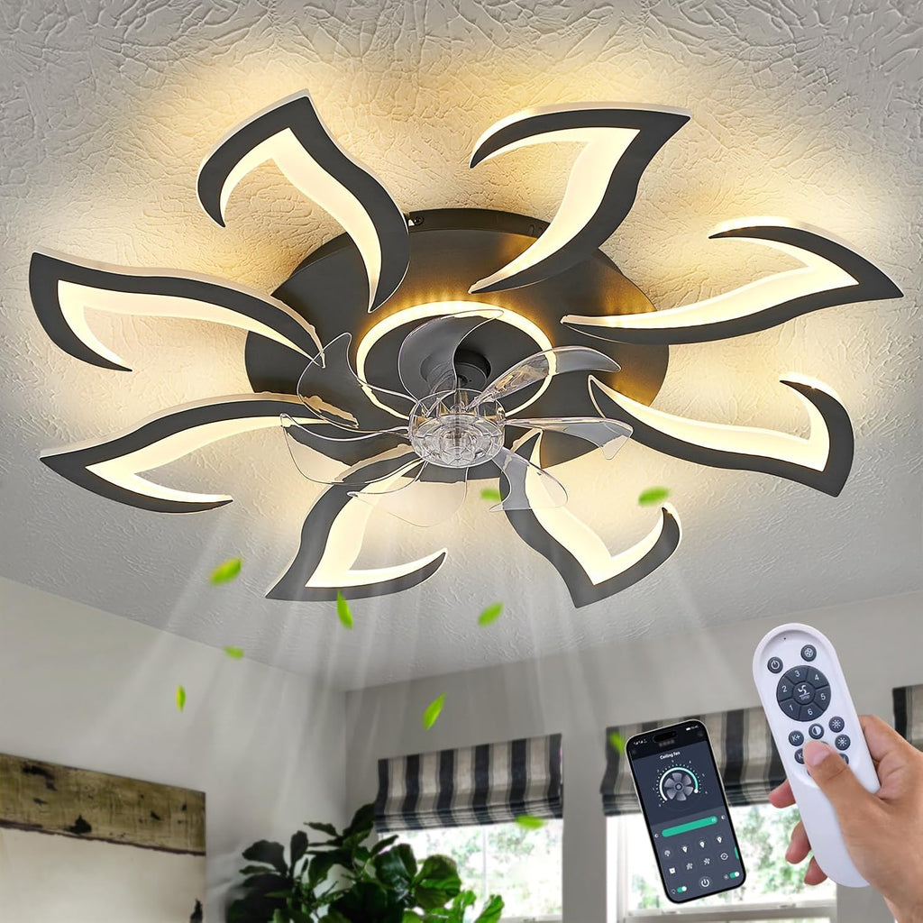Modern Ceiling Fan with Lights, Black Flush Mount Ceiling Fan with Remote & APP Control, Dimmable LED Fan Light, 6 Speeds Low Profile Ceiling Fan for Bedroom Living Room
