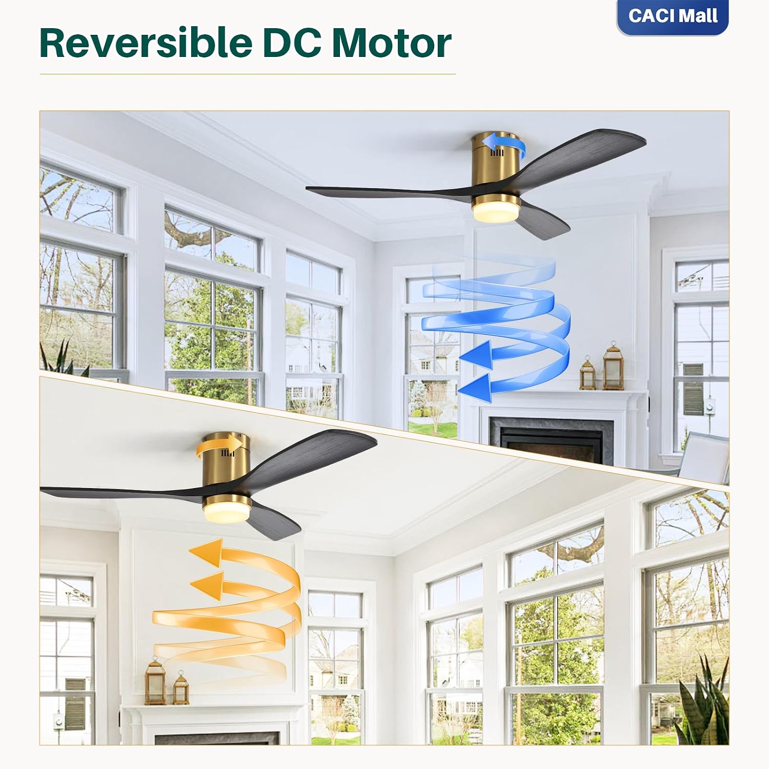 CACI Mall 52 Inch Wood Flush Mount Ceiling Fan with Lights, 3 Blades, Low Profile, Modern, 3CCT, Dimmable, Noiseless, Remote Contral, Outdoor Indoor Ceiling Fans for Bedroom/Farmhouse/Patio