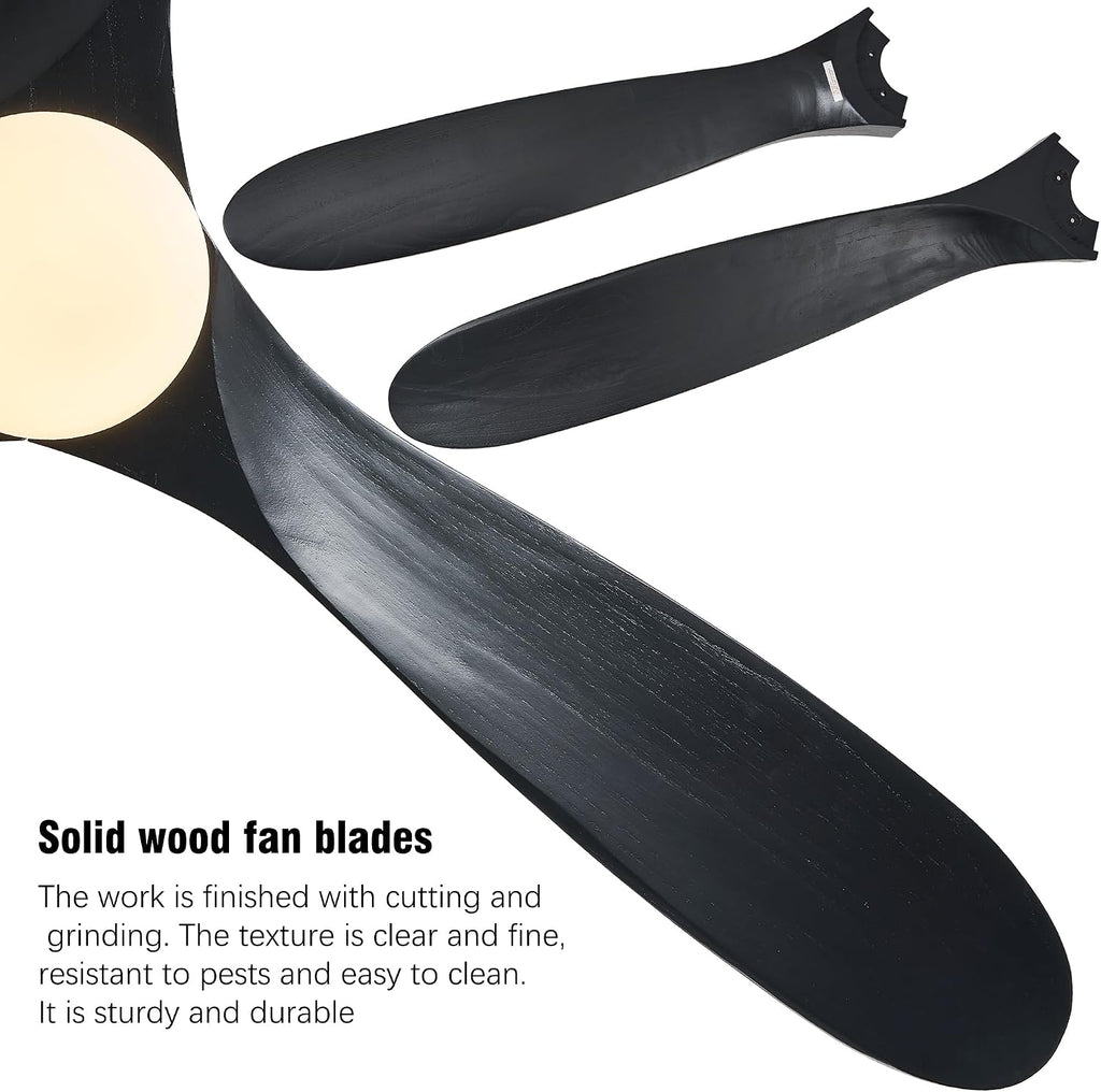 Wood Ceiling Fans with Lights and Remote, 60' Black Modern Ceiling Fan with 3 Wooden Blades, Timer and Memory Function, Outdoor Ceiling Fan with Light for Patios, Indoor, Living Room