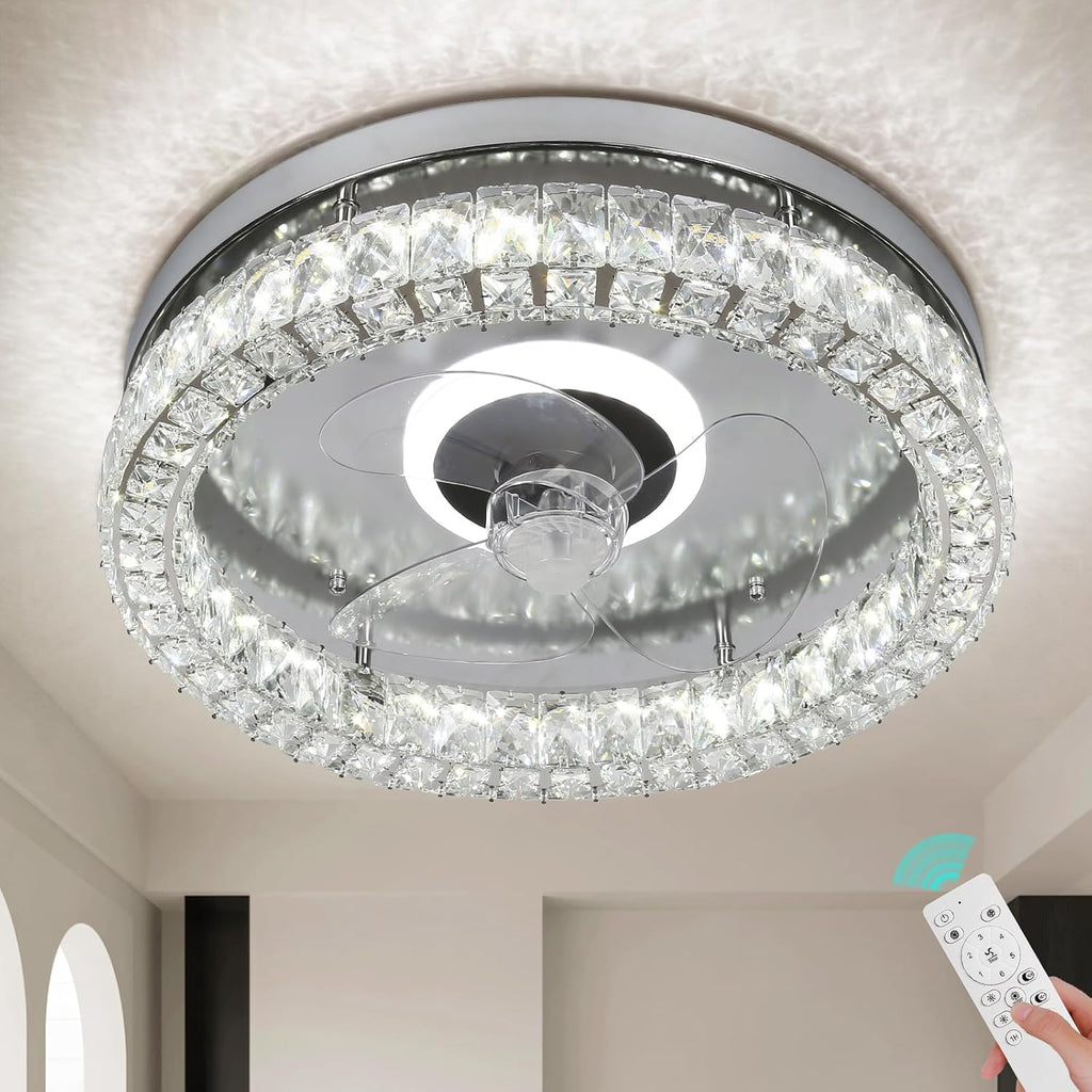 CLAIRDAI Crystal Ceiling Fans with Lights Flush Mount Ceiling Fan with Remotel Control Dimmable Fandelier Modern LED Low Profile Ceiling Fan Light (Chrome)