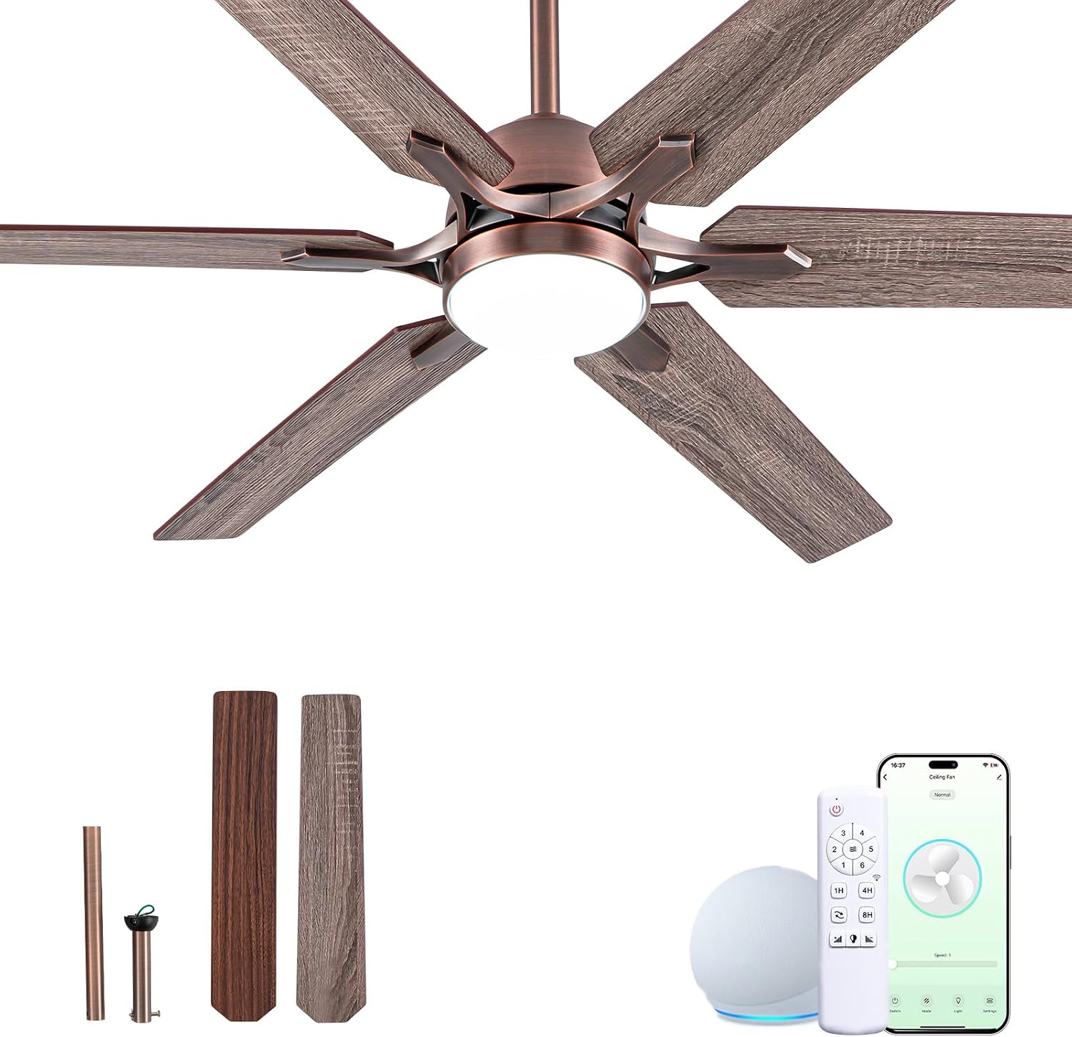Minislak 52' Oil Rubbed Bronze Smart Ceiling Fan with Light via WiFi Alexa,6-Speeds Quiet DC Motor,Dimmable,Outdoor Antique Bronze Large Ceiling Fan for Living Room,Bedroom,Dual Finish 6 Blades