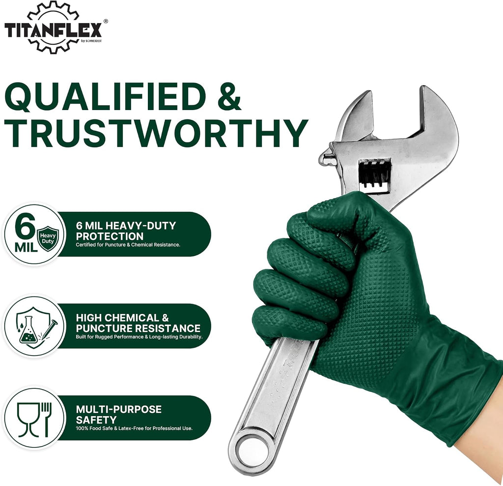 TitanFlex Heavy Duty Industrial Nitrile Gloves with Raised Diamond Texture, 6-mil, Latex Free (Dark Green/Yellow)