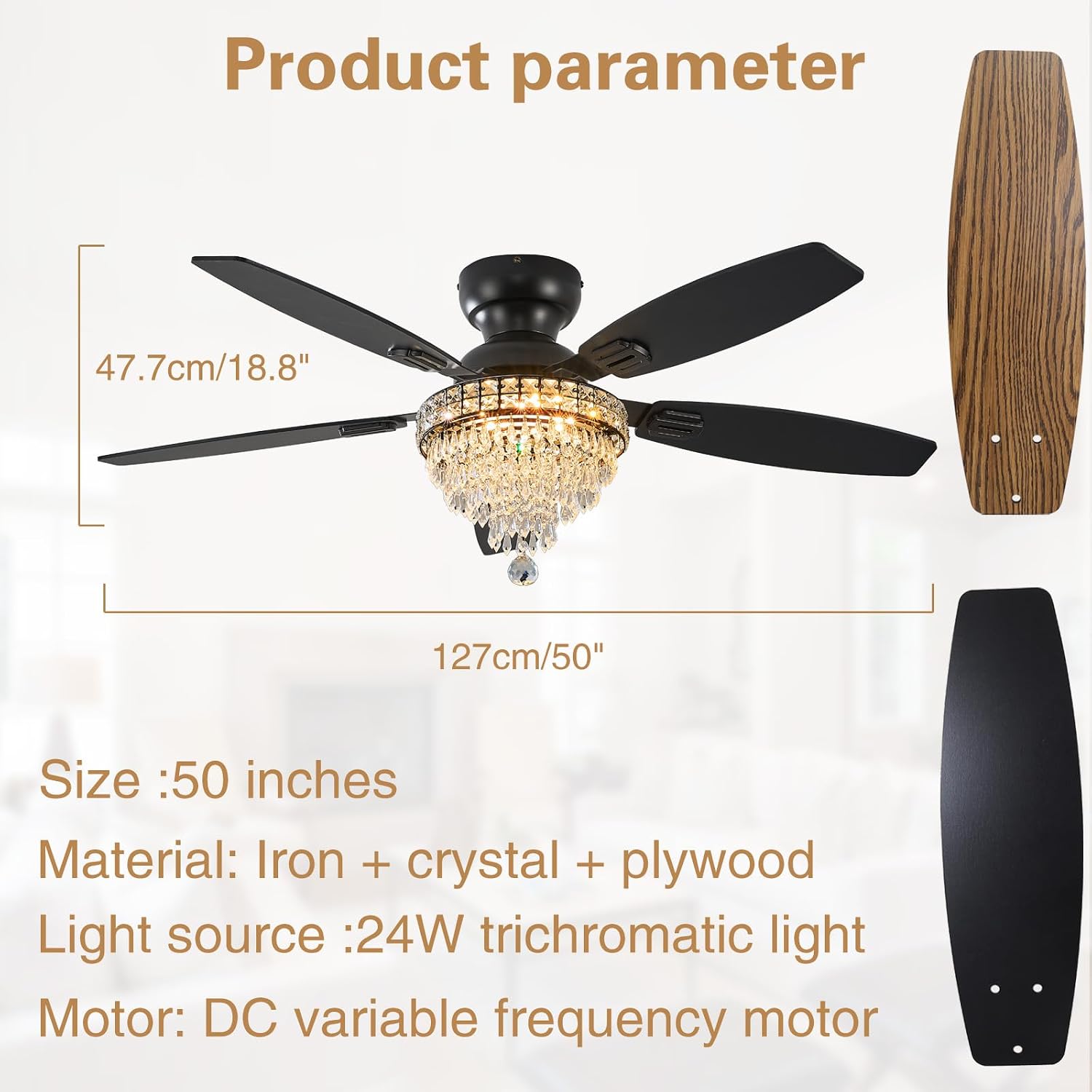 Crystal Ceiling Fan Fandelier with Lights-Ceiling Fans,50' Low Profile and Remote Control, Flush Mount, Reversible, Dimmable, Noiseless, Black Ceiling Fan for Bedroom