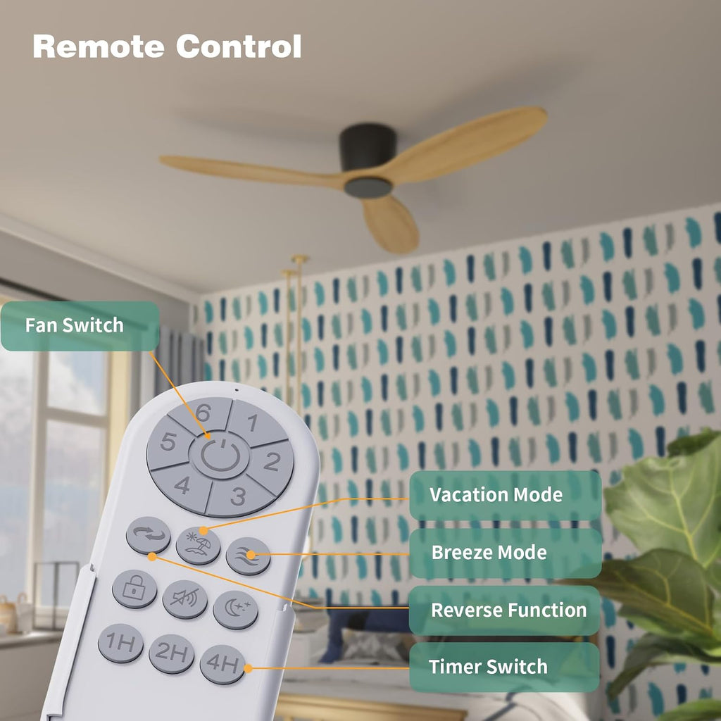 Ceiling Fan no Lights, 52 Inch Low Profile Ceiling Fans without light, Flush Mount Fan with Remote, Modern Natural Wood Ceiling Fan for Bedroom Indoor Outdoor, 6-Speed Reversible DC Motor, Timer