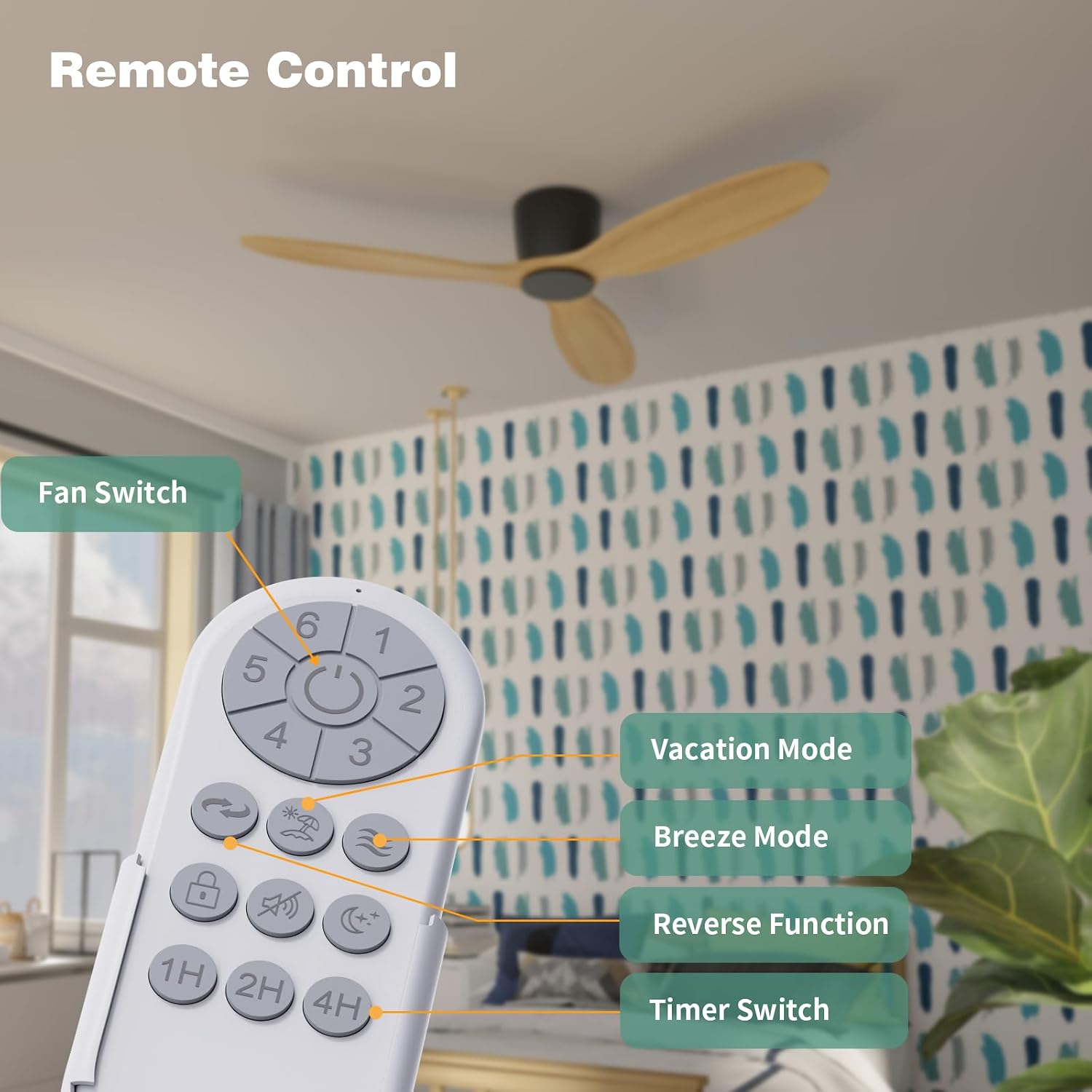 Ceiling Fan no Lights, 52 Inch Low Profile Ceiling Fans without light, Flush Mount Fan with Remote, Modern Natural Wood Ceiling Fan for Bedroom Indoor Outdoor, 6-Speed Reversible DC Motor, Timer