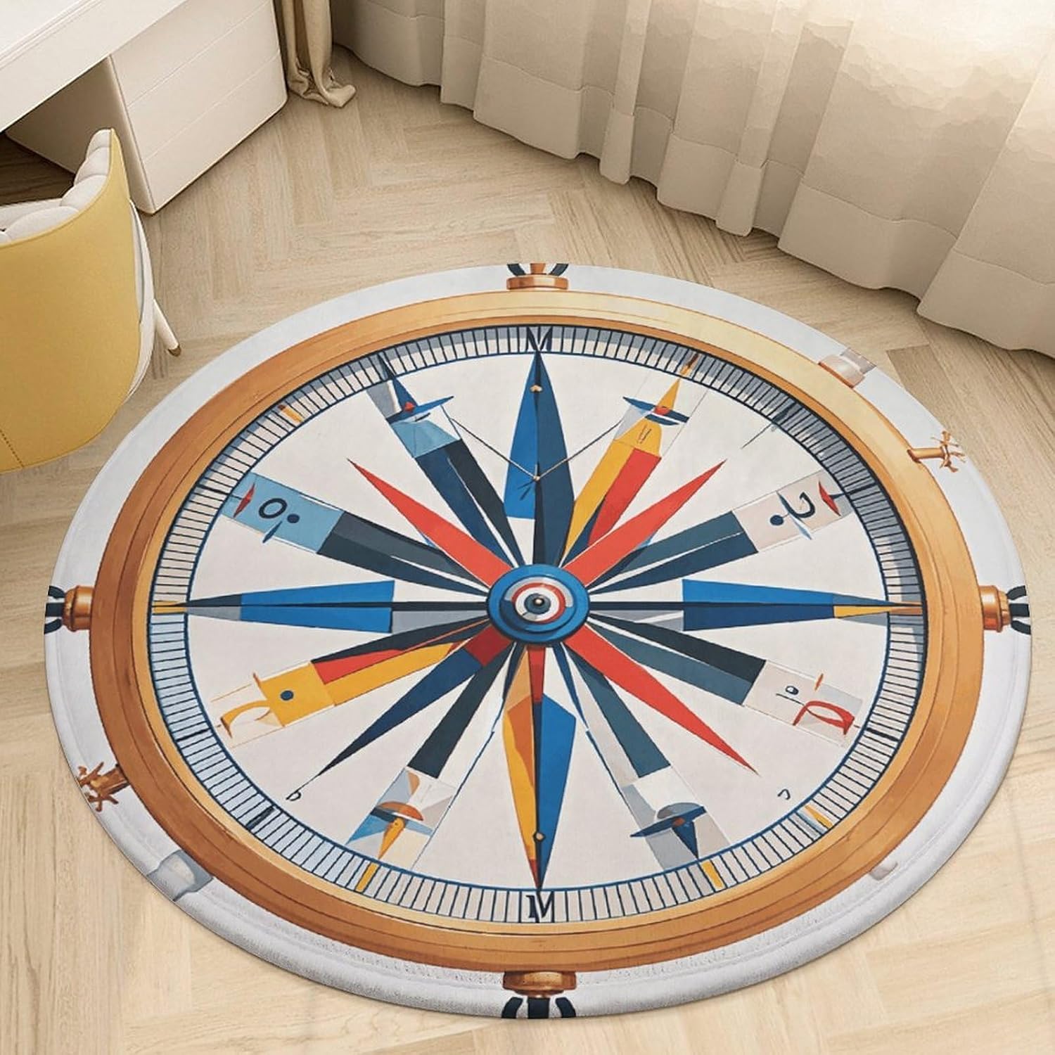 Maritime Sailboat Compass Coral Velvet Round Floor Mat Non-Slip Bath Rug Floor Covering for Bathroom Vanity Guest Suite & Vacation Home