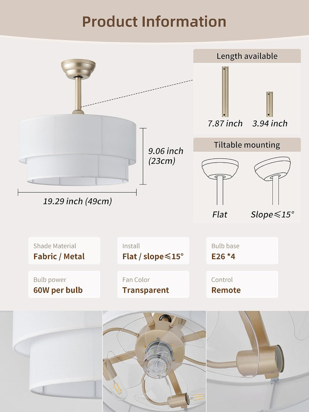 20' Boho Fandelier Ceiling Fans with Lights, Fabric Chandelier Ceiling Fan with Light Remote Control, Caged with 6 Speeds for Living Room, Bedroom, Nursery.