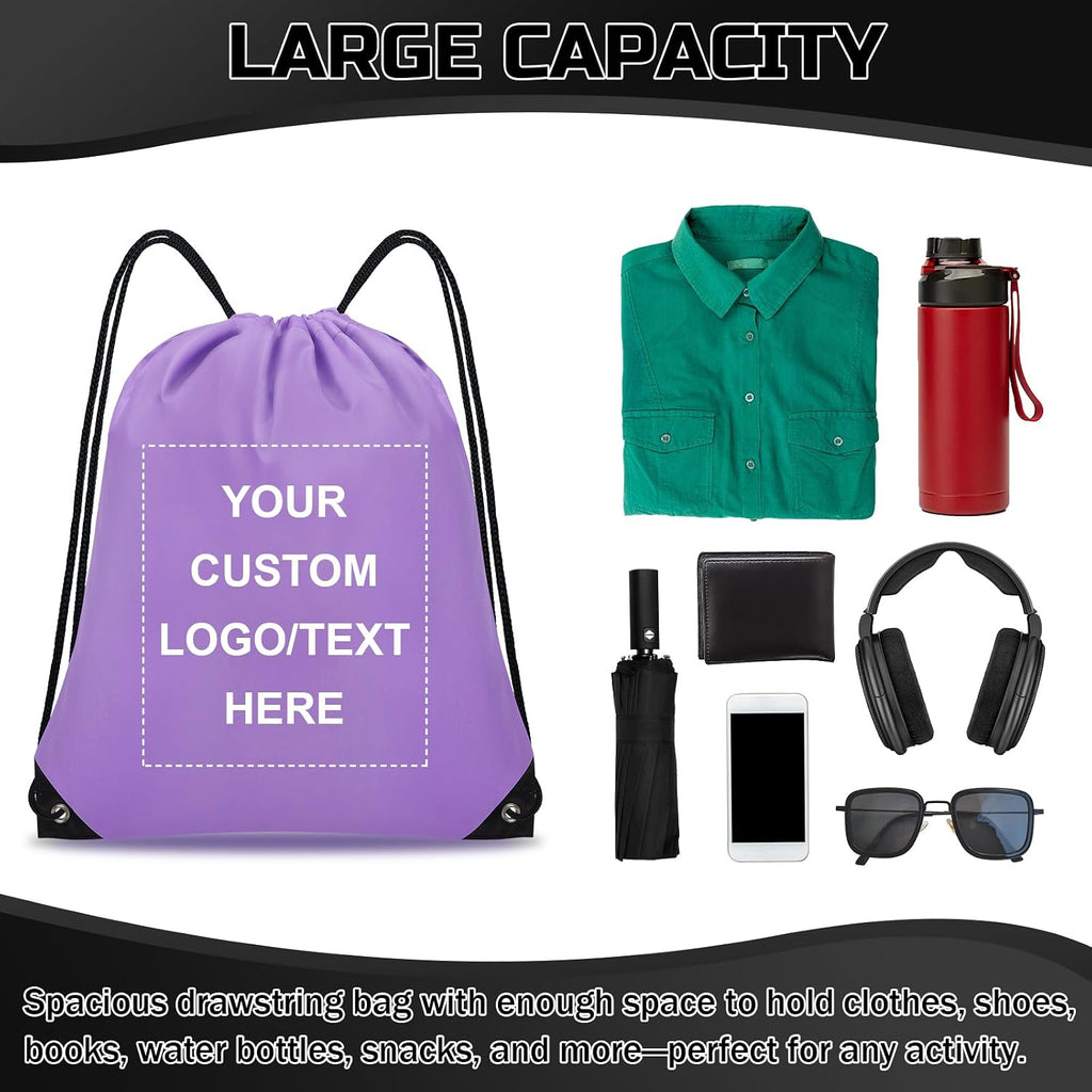 Grneric Custom Drawstring Bags Bulk 10/20/50/100/200 Pack, Promotional Items With Your Logo Personalized String Backpack for Gym, Sport, Travel, Light Purple