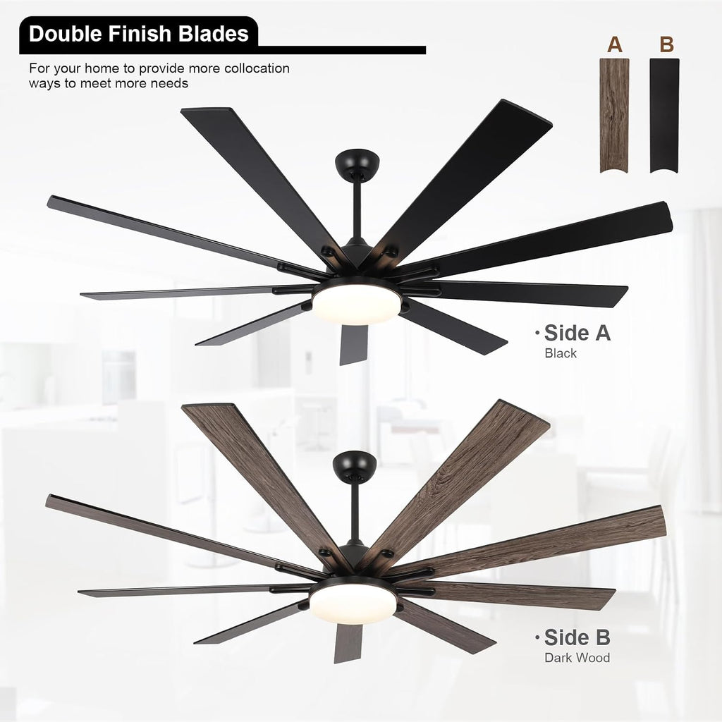 72 Inch Large Outdoor Ceiling Fan, Black Ceiling Fans with Lights and Remote, 9 Fan Blades, Dimmable, Reversible, 6-Speeds, 3-Colors Temperature, for Living Room/Office/Patio