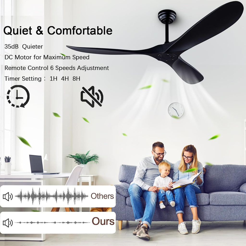 60' Ceiling Fans with Remote Control, No Lights, Modern Reversible DC Motor Indoor Outdoor 3 Blade Ceiling Fan for Patio, Living Room, Bedroom and Farmhouse (Black)