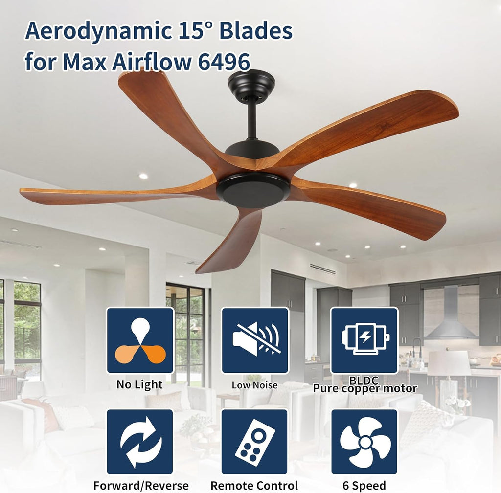 52Inch Ceiling Fan No Light and Remote Control Wood Ceiling Fan Without Light BLDC Reversible Matte Black Outdoor Ceiling Fans for Patio FCC Listed 5*Walnut Blades