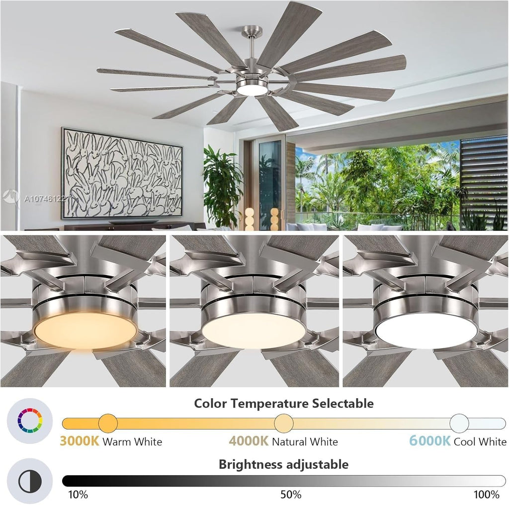 72'' Farmhouse Ceiling Fan with Light,12 Dual-Finish Wind Mill Blades, 3 Downrods, 6-Speed Reversible DC Motor, High CFM, 3CCT, Indoor Outdoor Modern Industrial Fans for Patio Commercial Shop Garage