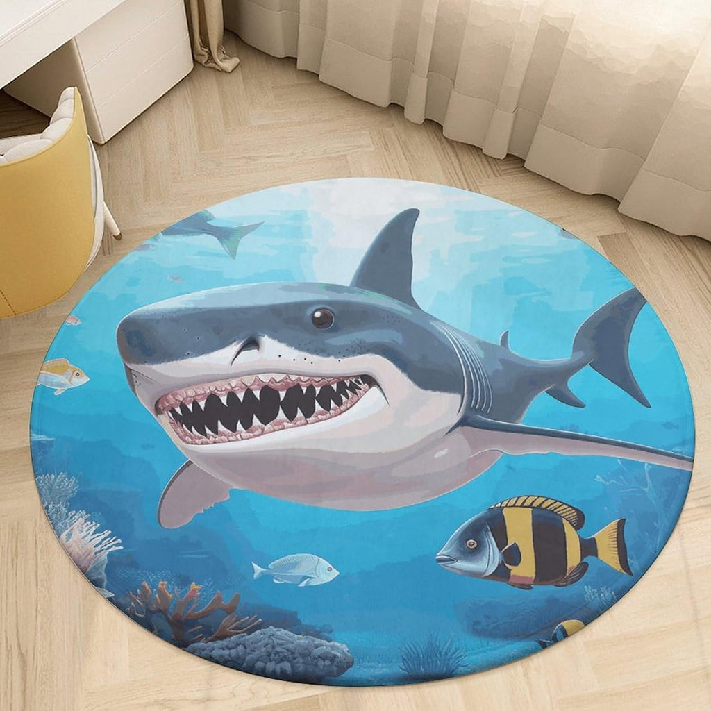 Shark Ocean Theme Coral Velvet Round Floor Mat Non-Slip Bath Rug Floor Covering for Bathroom Vanity Guest Suite & Vacation Home