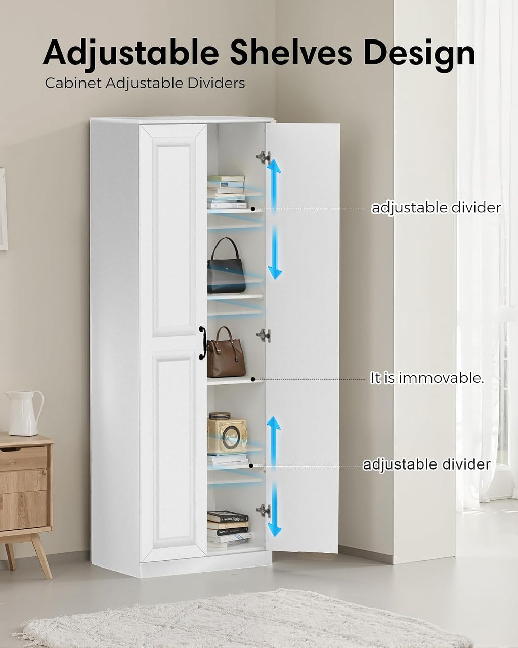 Storage Cabinet/Pantry cabinets, Soft White Finish, 71' Tall Wood Cupboard with 2 Door and 3 Adjustable Shelves for Kitchen, Dining Room, Living Room, Bathroom (Style 1) | Wood Cupboard