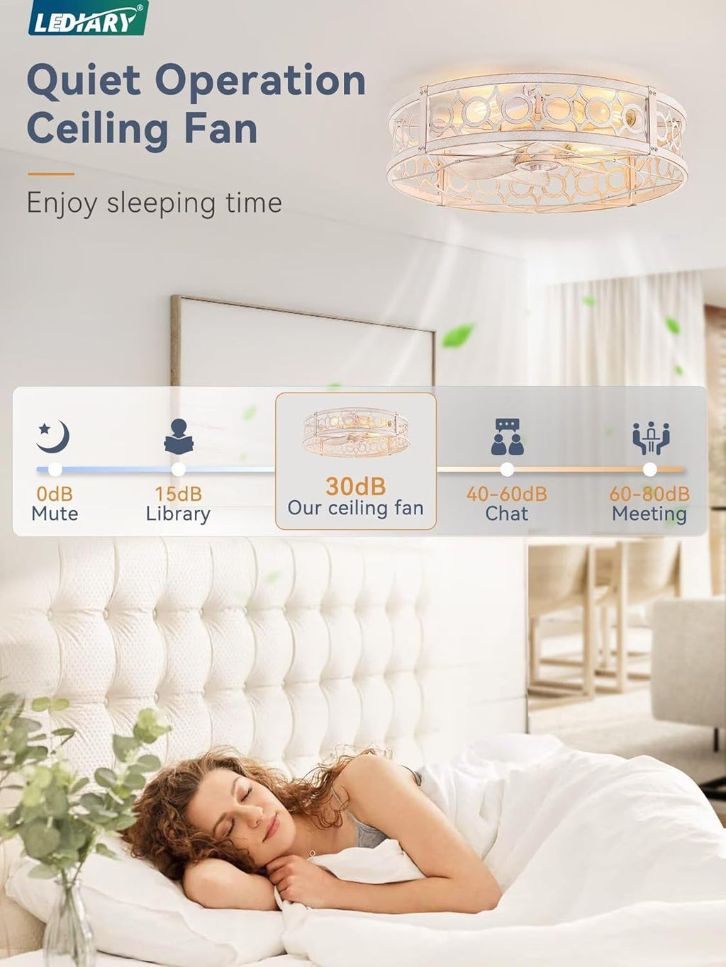 LEDIARY Caged Flush Mount Ceiling Fans with Lights, 23 Inch Farmhouse Low Profile Ceiling Fan with Remote, Small Bladeless Fan Lights Ceiling Fixtures for Bedroom, Kitchen- White and Gold