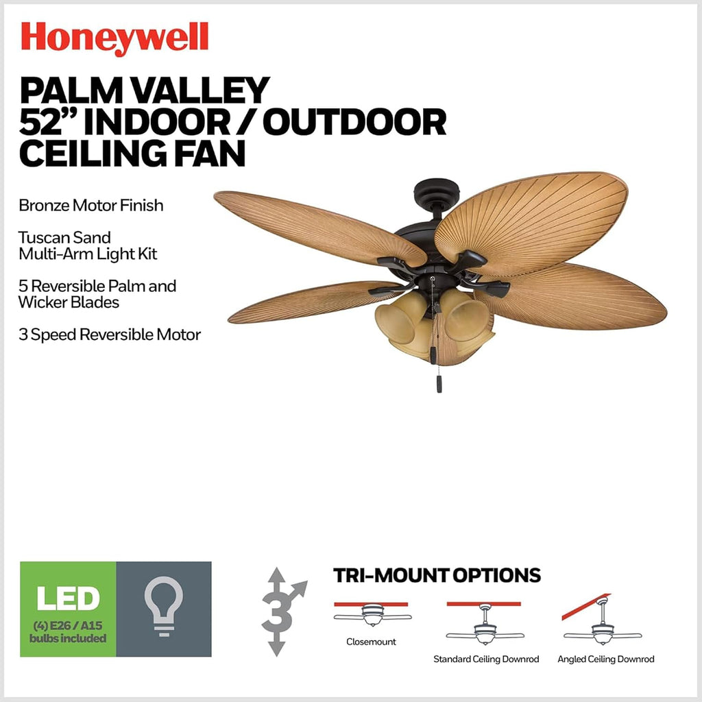 Honeywell Ceiling Fans Palm Valley, 52 Inch Tropical Indoor Outdoor Ceiling Fan with Light, Pull Chain, Three Mounting Options, 5 Palm Leaf Blades, Reversible Motor - 50506-01 (Bronze)