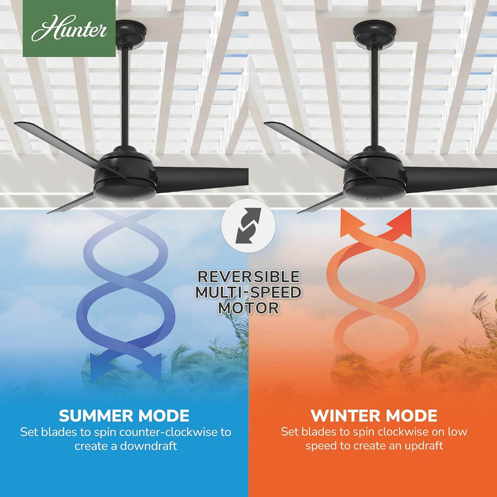 Hunter 52 inch Outdoor or Indoor Ceiling Fan No Light - Black Ceiling Fan without Light, For Patio, Porch, Garage, or Living Room, Standard Mount, 3 Blades, Wall Control - Trimaran 59609, Matte Black