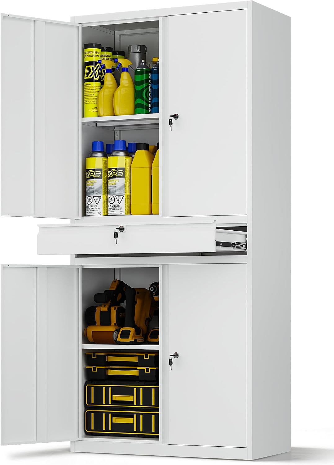 Metal Storage Cabinet,Tall File Cabinet with 2 Adjustable Shelves and Drawer,Lockable Steel Tool Cabinet for Home Office Garage School Warehouses
