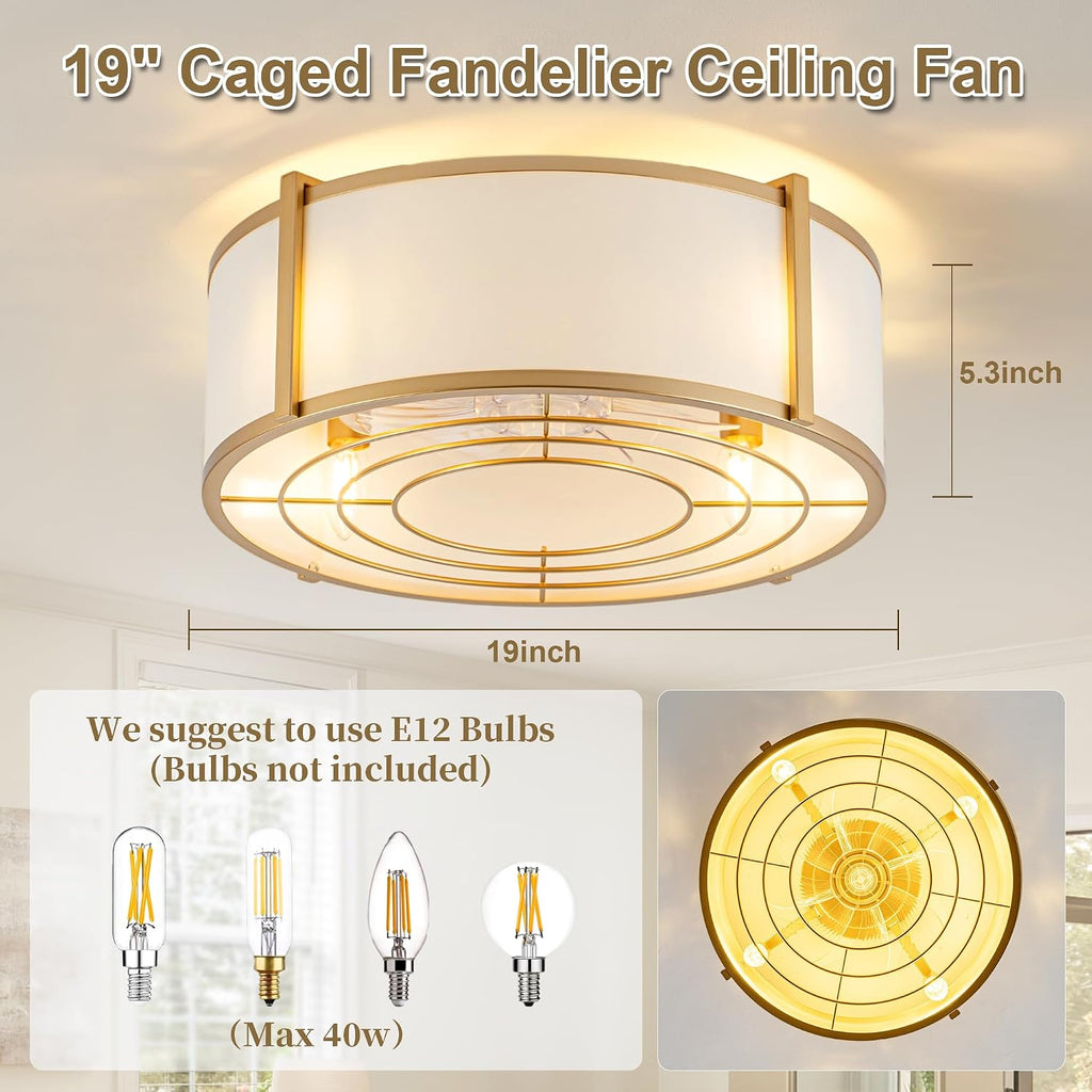 Gold Fandelier Ceiling Fan with Light,Boho Chandelier Caged Ceiling Fan with Light,Mid-Century E26 App Remote Low Profile for Bedroom Living Room (Gold-1)
