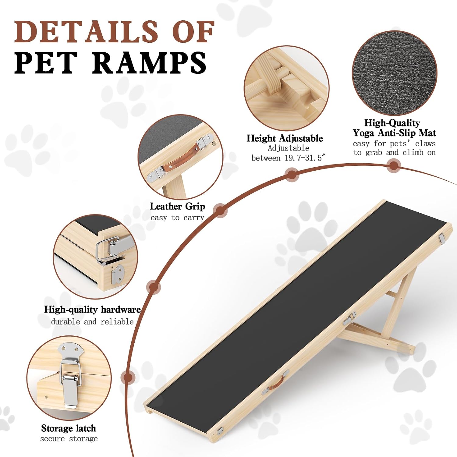 Dog Ramp for High Bed, Couch, Car, 64' Long Foldable Pet Ramp & 5 Adjustable Heights 19.7'-31.5' Wooden Dog Step with Anti-Slip Yoga Mat for Small Medium Large Older Pets, up to 200lbs