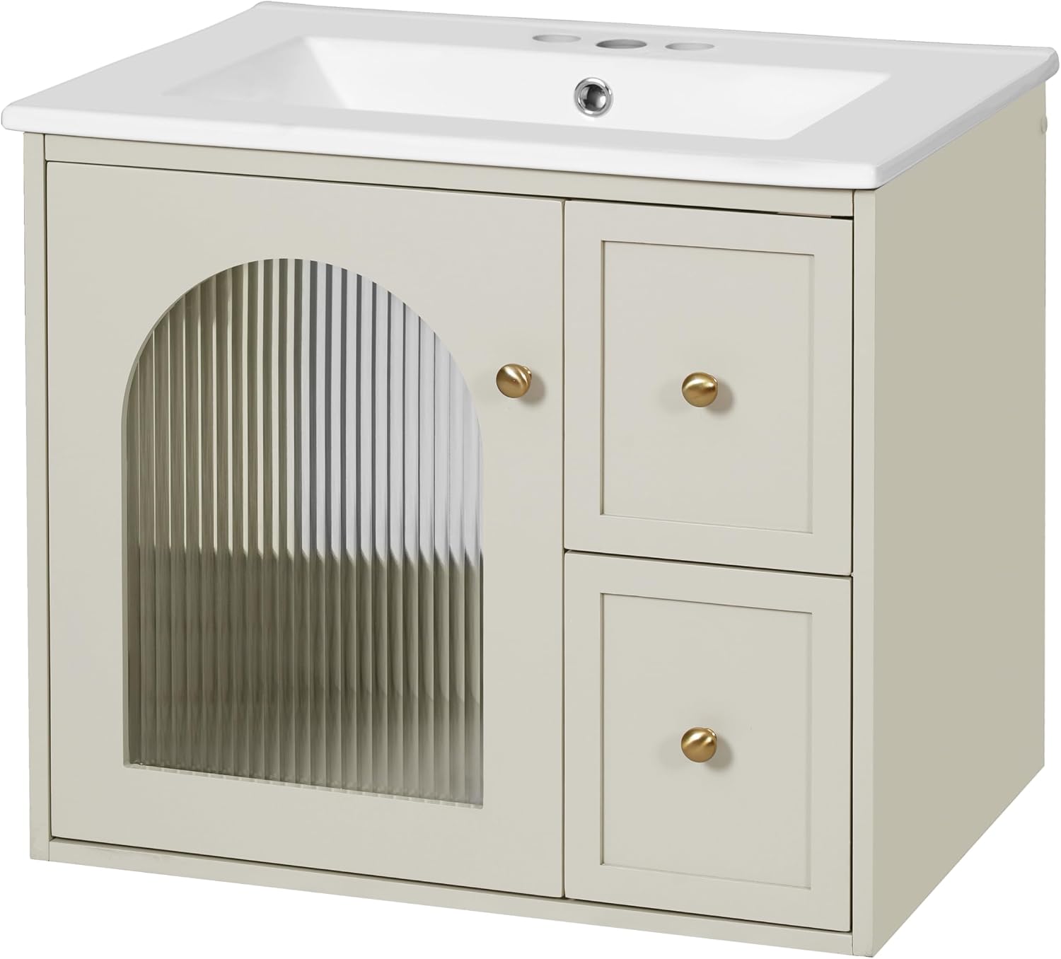 24 Inch Modern Wall Mounted Floating Bathroom Vanity Set with Ceramic Sink, 2 Drawers and 1 Soft-Close Door Bathroom Sink Cabinet for Guest Baths Master Suites (Beige)
